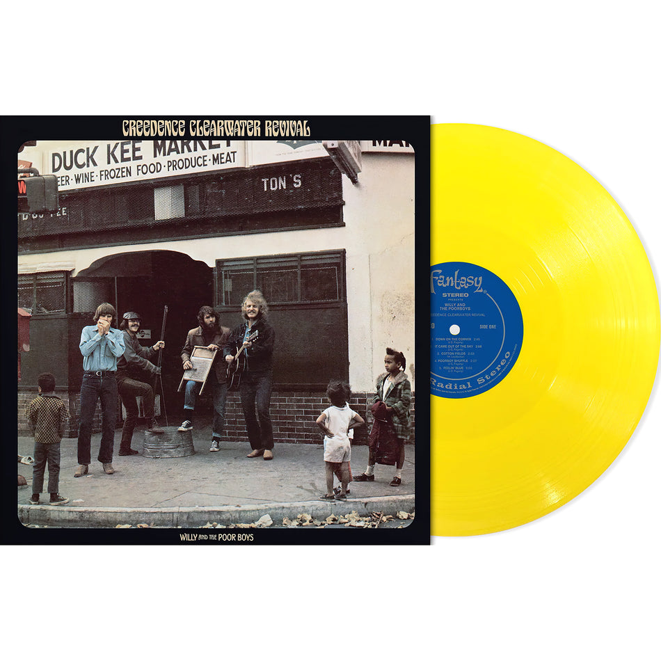 Creedence Clearwater Revival Willy And The Poor Boys vinyl record packshot, bright yellow LP, 2025 remastered audio from CCR