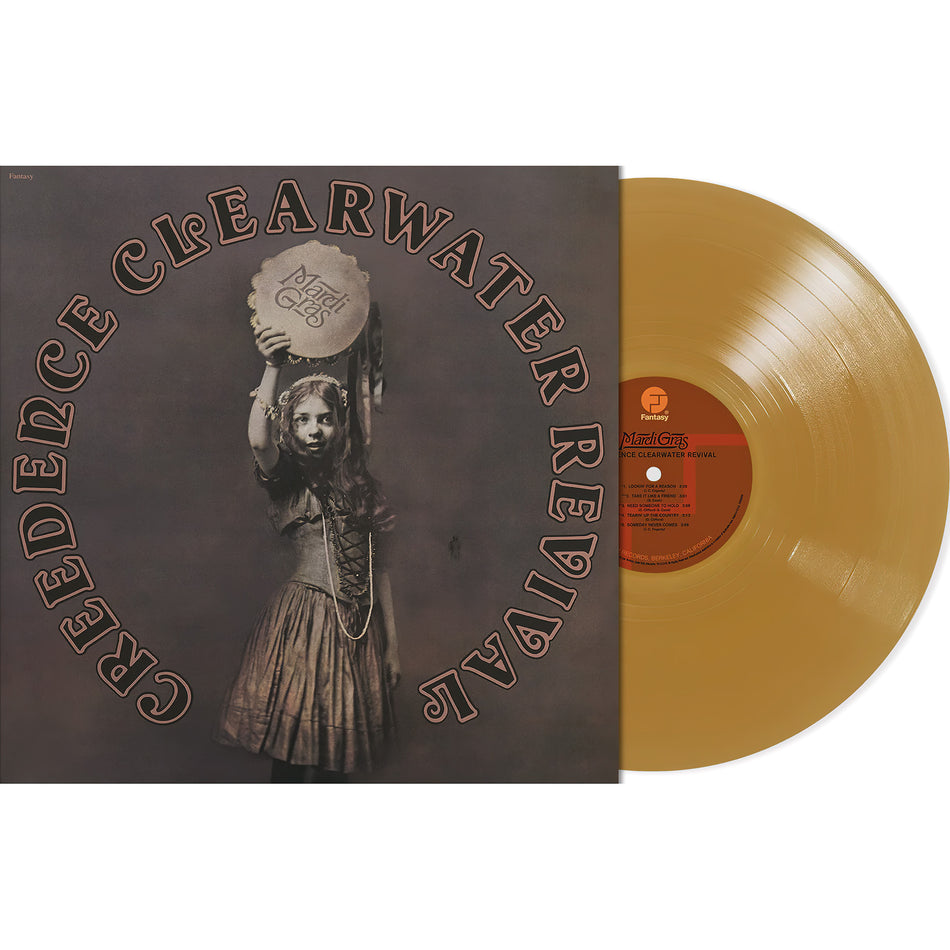Creedence Clearwater Revival Mardi Gras vinyl record packshot, luxurious gold LP, 2025 Remaster of CCR's final album