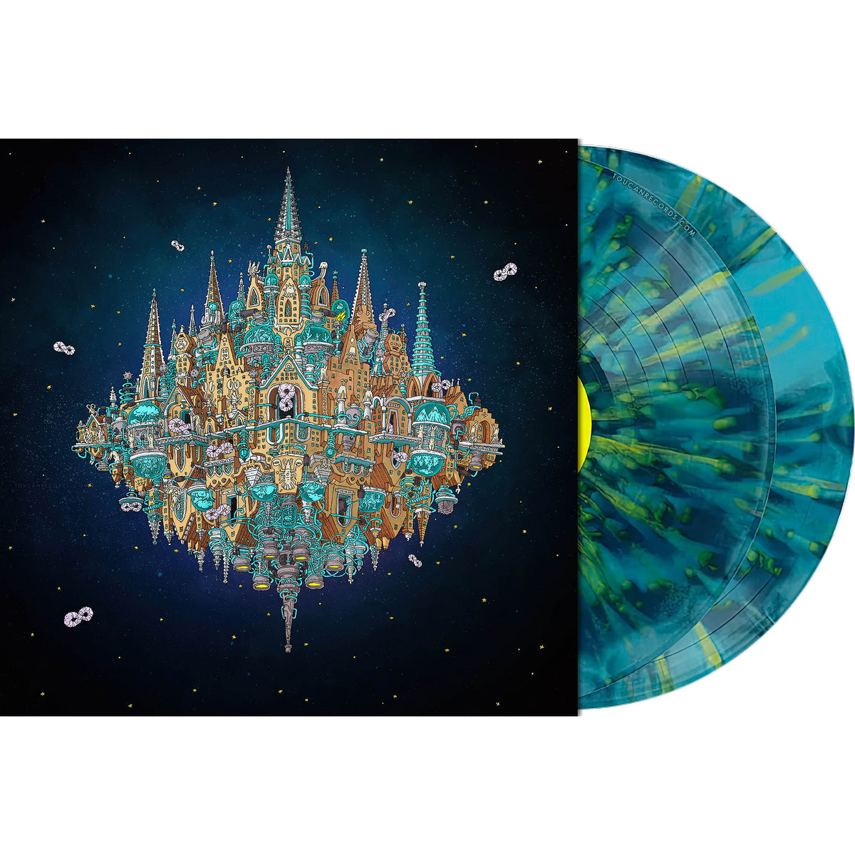 Dance Gavin Dance Pantheon packshot of Sea Blue and Baby Blue Smush with Canary Yellow and Lemon Splatter vinyl 2LP