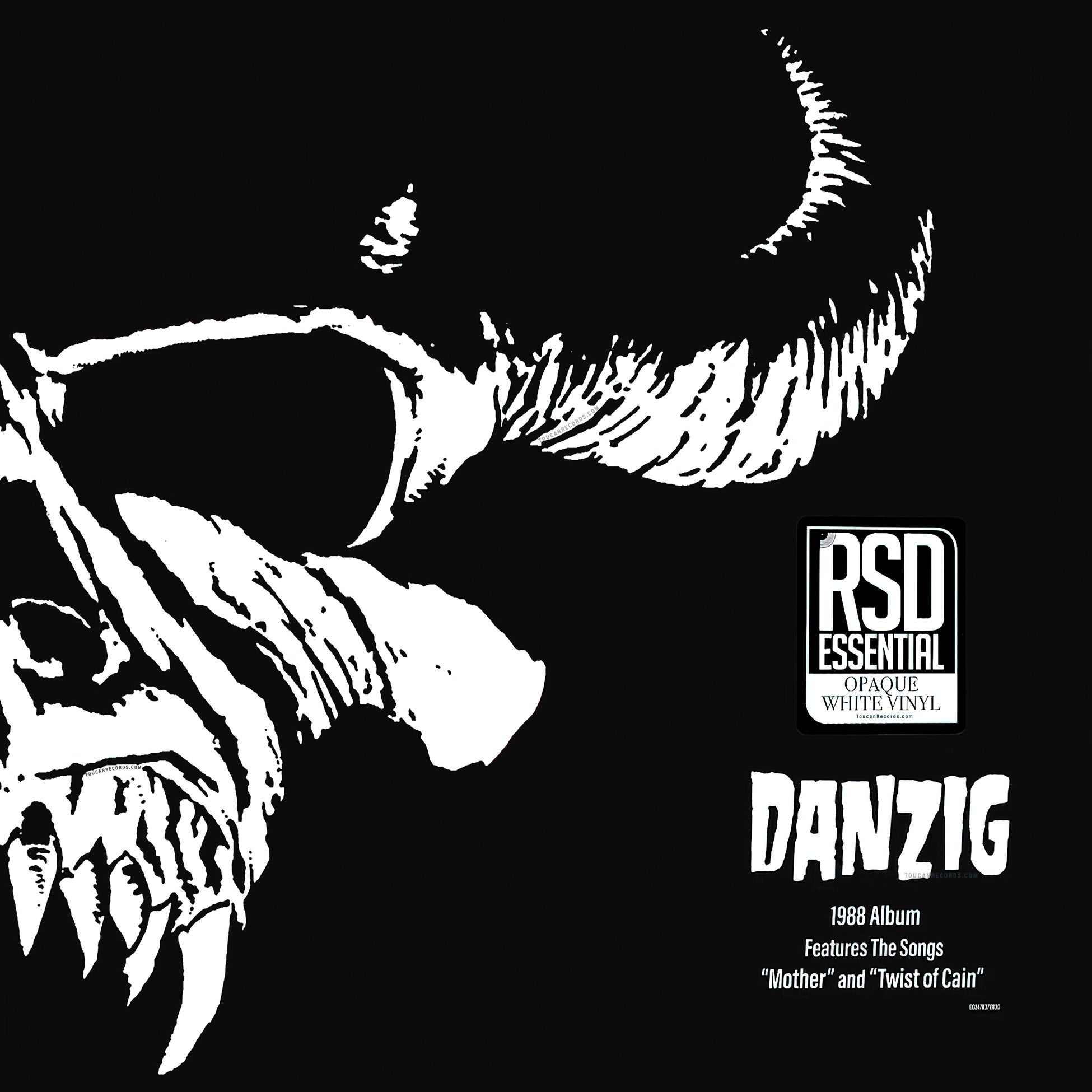Danzig self-titled debut, album cover art, opaque white vinyl, RSD Essential, gatefold, skull artwork, Find it at ToucanRecords.com