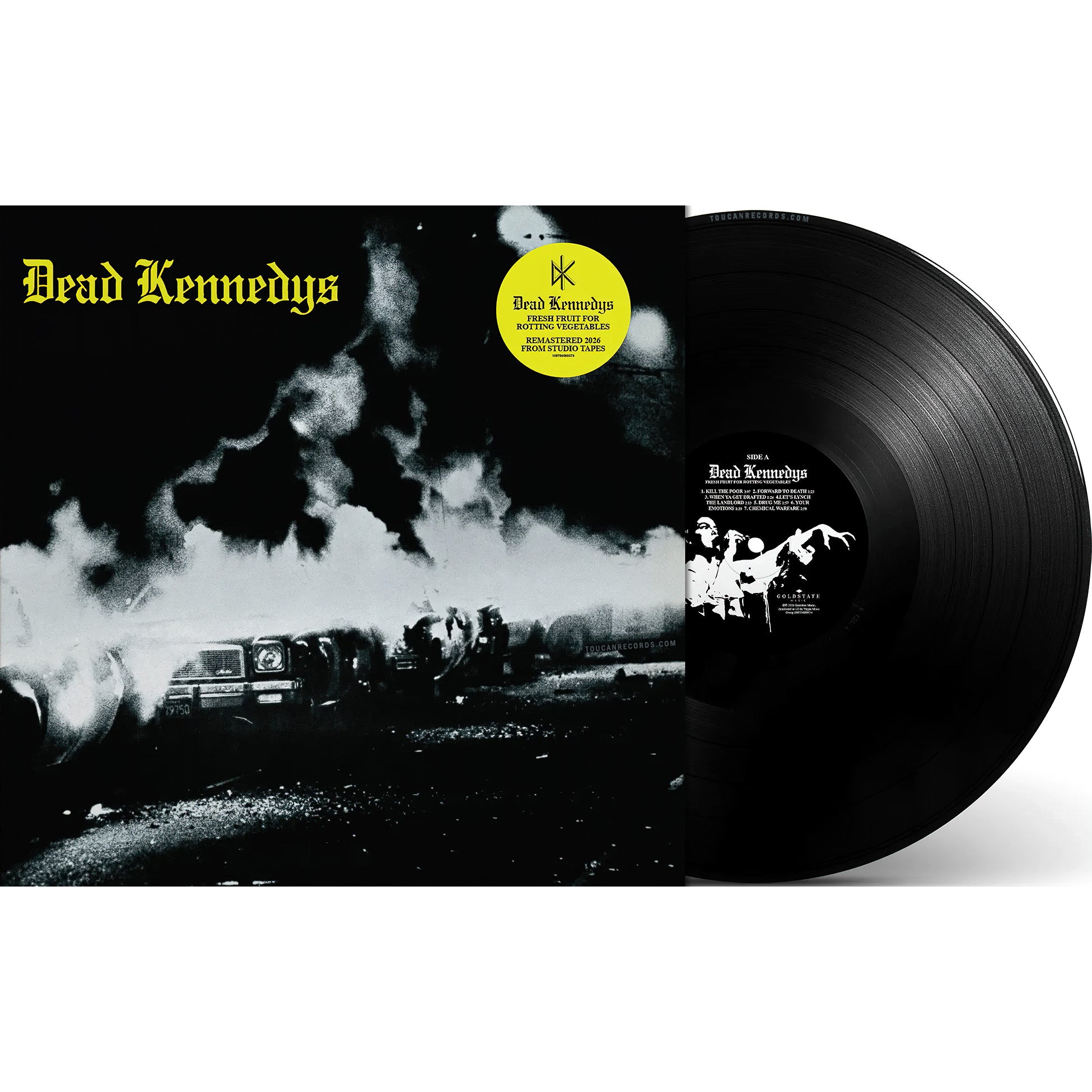 Dead Kennedys Fresh Fruit for Rotting Vegetables packshot for the 2026 remastered black vinyl LP with poster