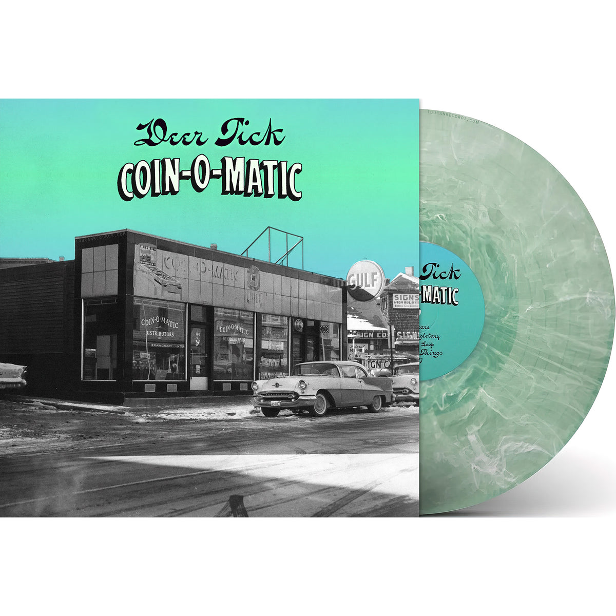 Deer Tick Coin-O-Matic packshot for the Frosted Coke Bottle Green Colored Vinyl record edition with Providence-rooted songs at ToucanRecords.com