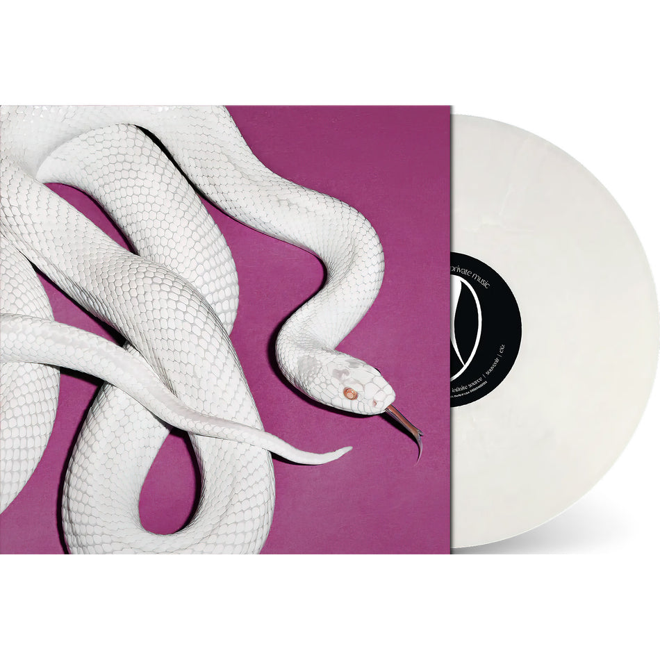 Deftones Private Music vinyl packshot, fog white colored vinyl, indie exclusive, Sacramento metal legends, album cover has a white snake on a pink background