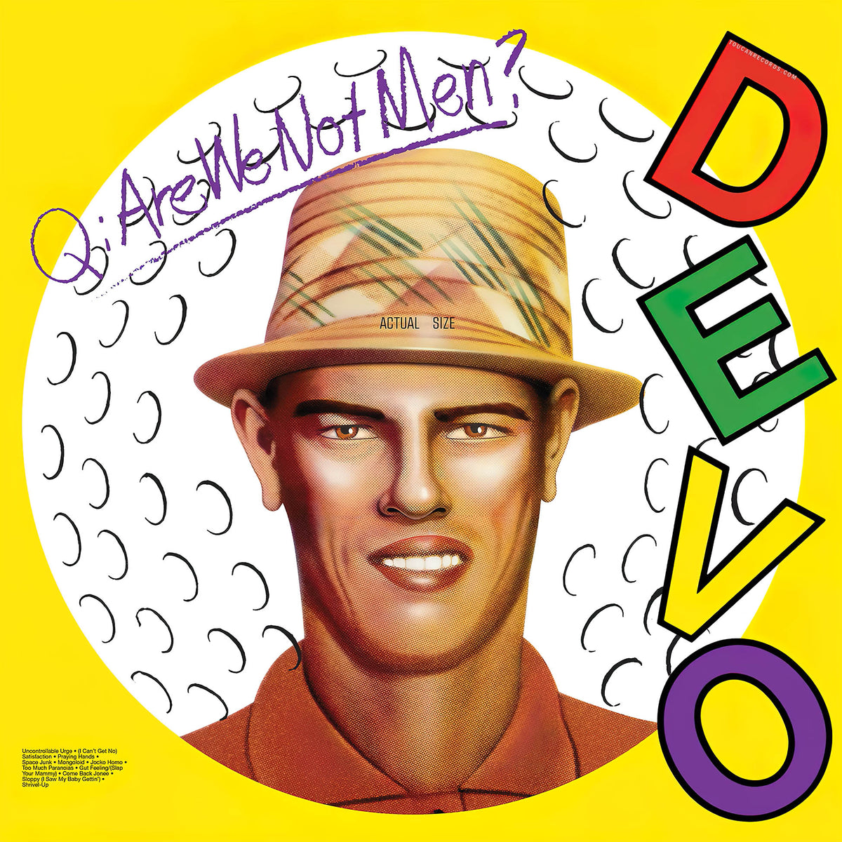 Devo - Q. Are We Not Men? A. We Are Devo! album cover for the Rocktober limited edition Golfball White vinyl LP.