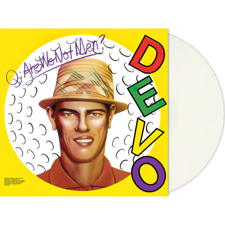 Devo - Q. Are We Not Men? A. We Are Devo! packshot of the limited Rocktober Golfball White vinyl LP, produced by Brian Eno and available at ToucanRecords.com