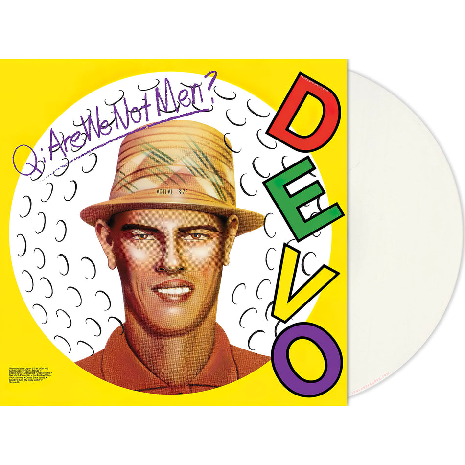 Devo - Q. Are We Not Men? A. We Are Devo! packshot of the limited Rocktober Golfball White vinyl LP, produced by Brian Eno and available at ToucanRecords.com