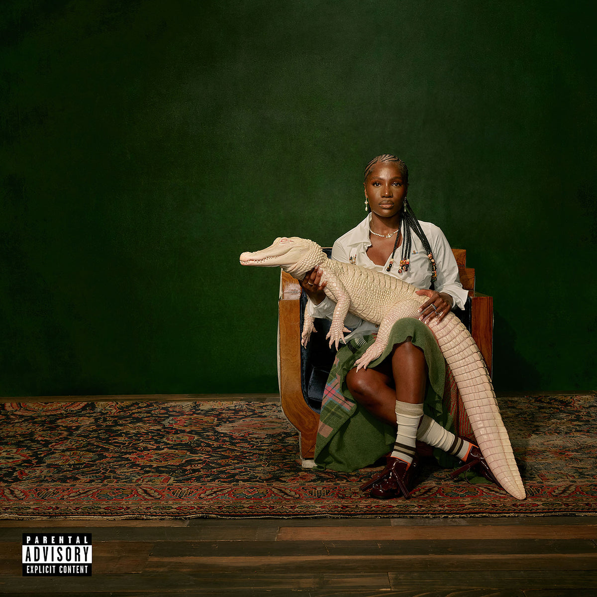 doechii, alligator bites never heal, albino alligator, emerald green background, hazel vinyl, hazel, colored vinyl, album cover, album art, cover art, vinyl, cover