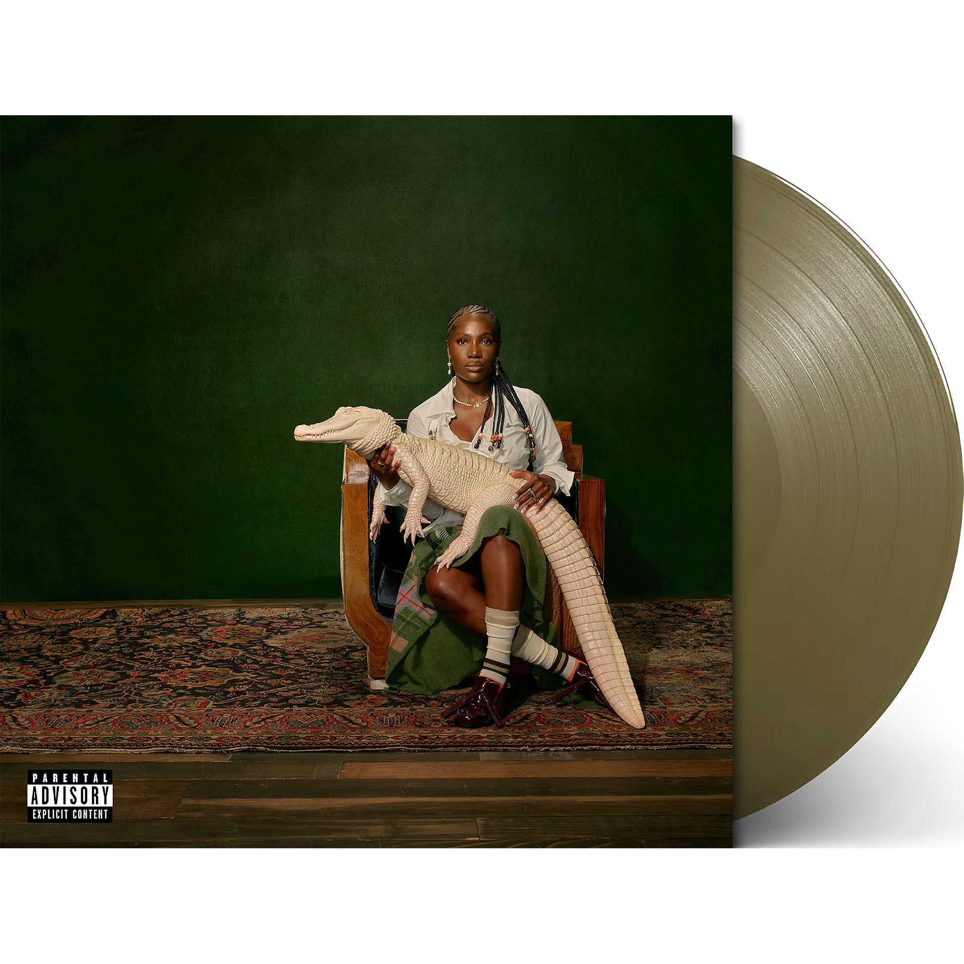 doechii, alligator bites never heal, packshot, albino alligator, emerald green background, hazel vinyl, hazel, colored vinyl, album cover, album art, cover art, vinyl, cover