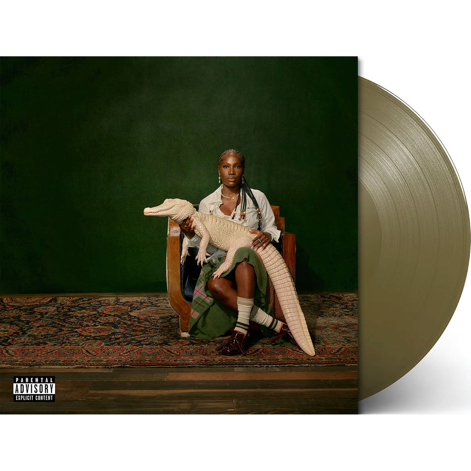 doechii, alligator bites never heal, packshot, albino alligator, emerald green background, hazel vinyl, hazel, colored vinyl, album cover, album art, cover art, vinyl, cover