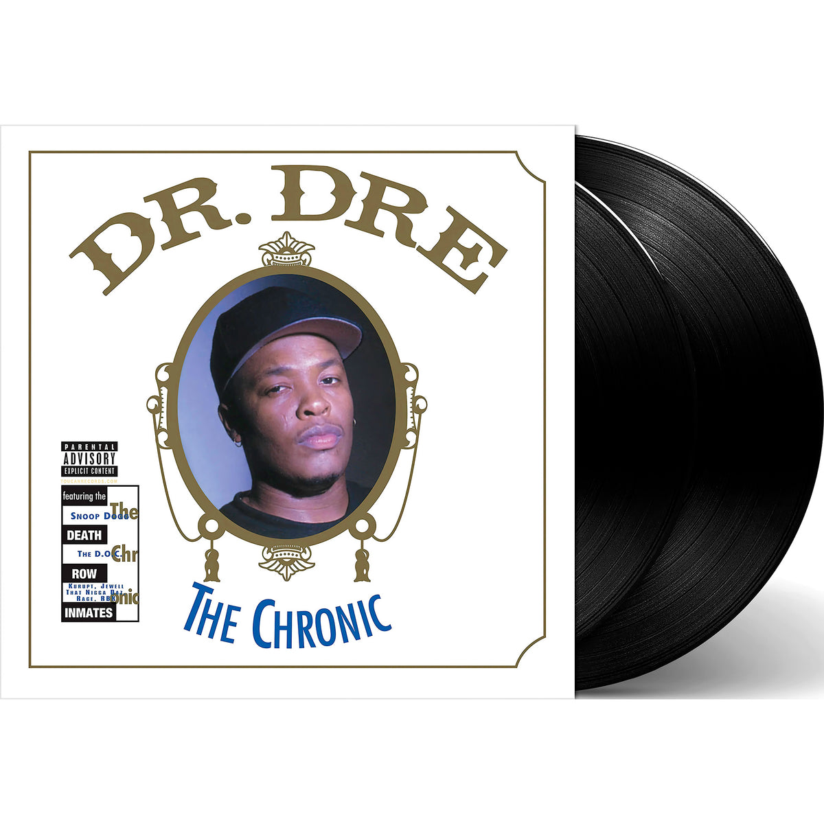Dr. Dre The Chronic double vinyl packshot, black 2LP, 1992 G-funk landmark reissued on Interscope Records
