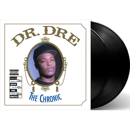 Dr. Dre The Chronic double vinyl packshot, black 2LP, 1992 G-funk landmark reissued on Interscope Records