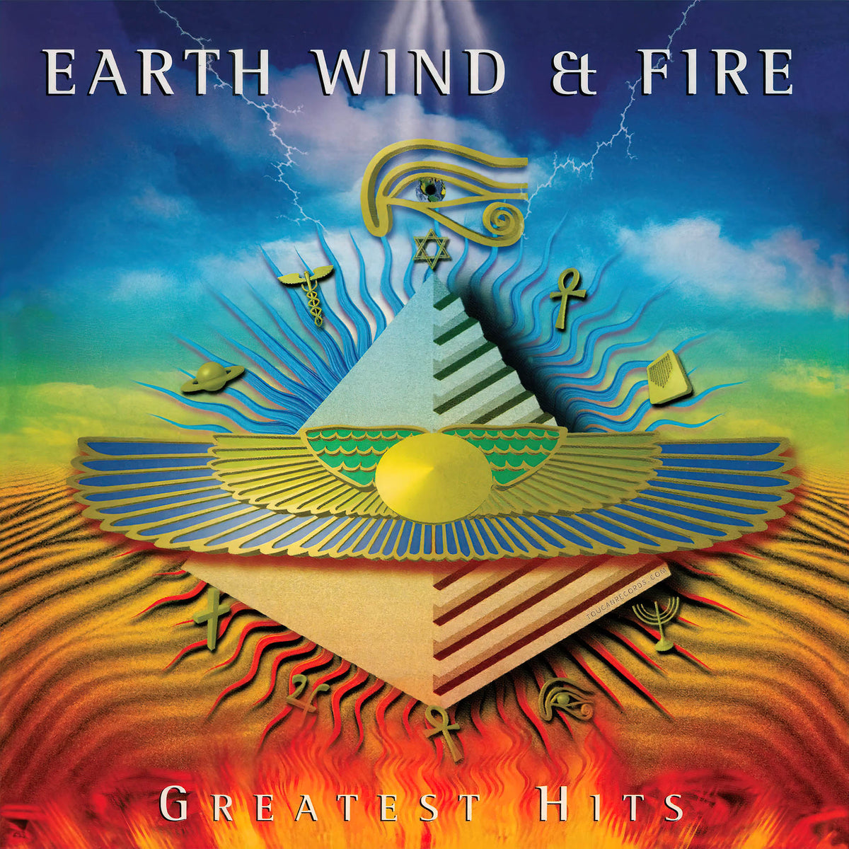 Earth, Wind & Fire Greatest Hits album cover for 2LP black vinyl featuring September, Let's Groove and Shining Star
