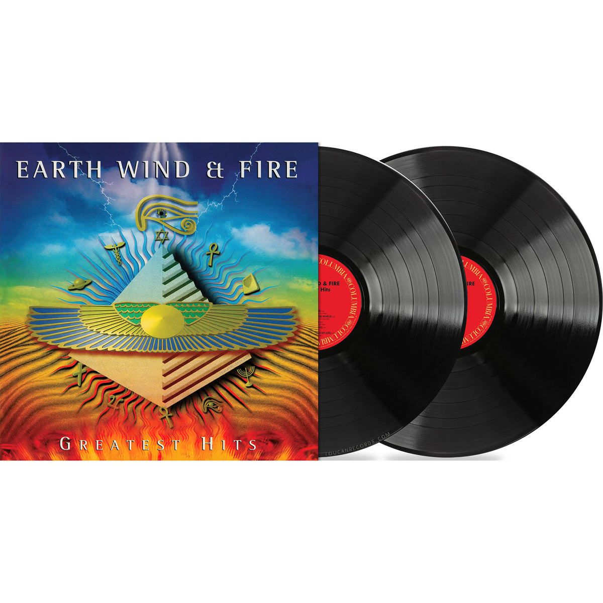 Earth, Wind & Fire Greatest Hits packshot for 17-track black vinyl 2LP and gatefold jacket at ToucanRecords.com