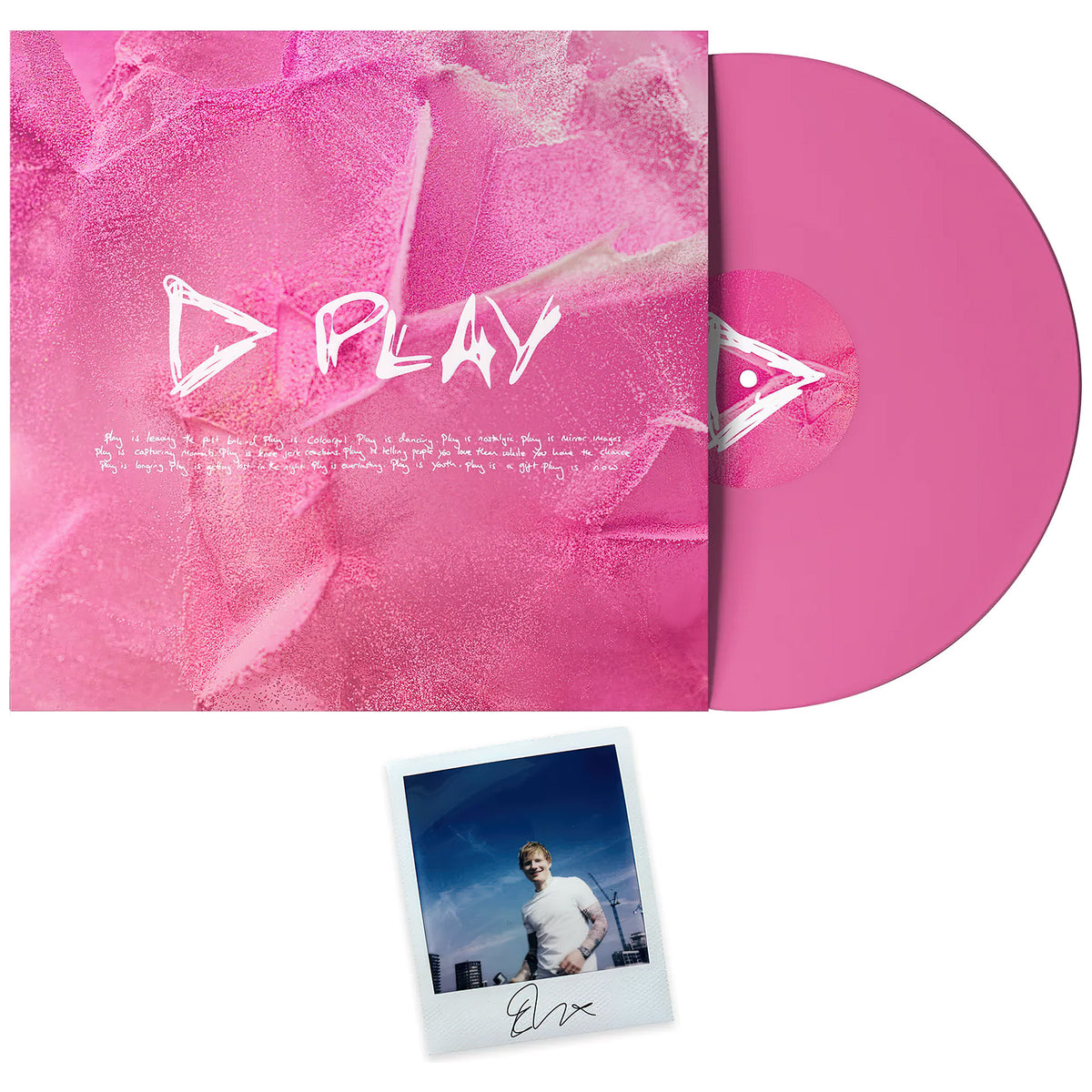 Ed Sheeran - Play packshot, pink opaque LP with signed / autographed Polaroid picture insert - ToucanRecords.com