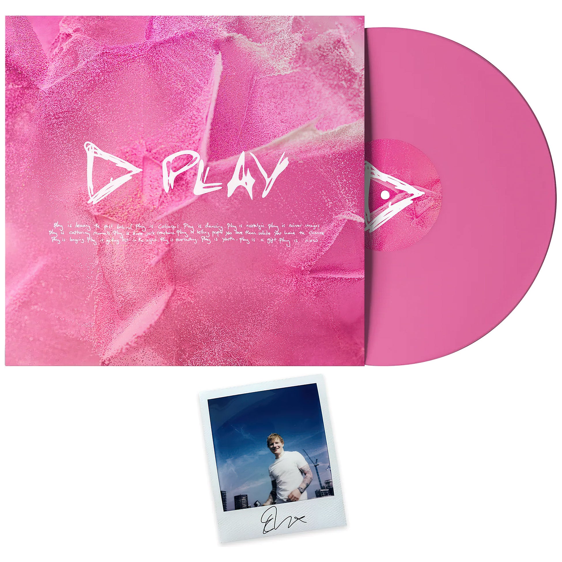 Ed Sheeran - Play packshot, pink opaque LP with signed / autographed Polaroid picture insert - ToucanRecords.com