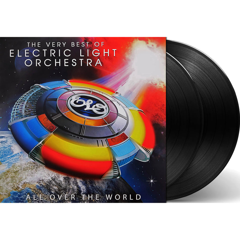 ELO All Over the World vinyl packshot, double LP gatefold pressing, progressive pop compilation with Mr. Blue Sky