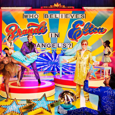 elton john, brandi carlile, who believes in angels, album cover, pink spiral, pinwheel, indie exclusive, limited edition, vinyl, album art, cover, cover art,  pink vinyl, yellow vinyl,
