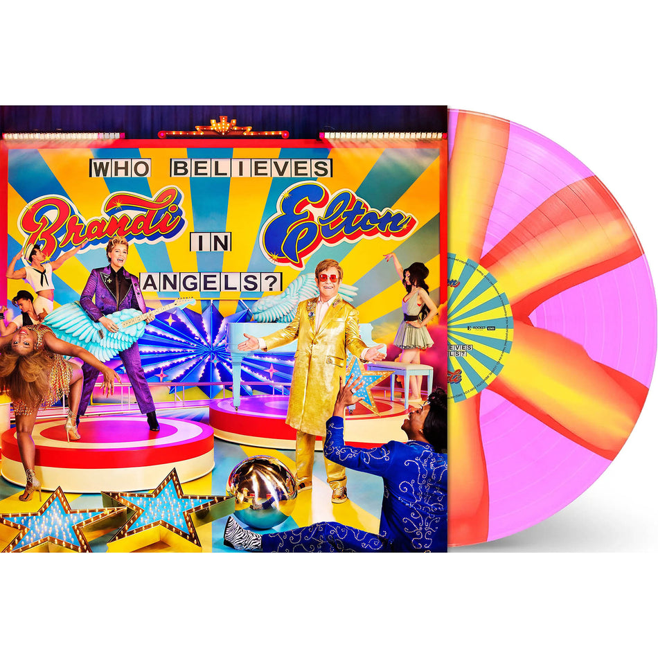 elton john, brandi carlile, who believes in angels, packshot, album cover, pink spiral, pinwheel, indie exclusive, limited edition, vinyl, album art, cover, cover art,  pink vinyl, yellow vinyl,
