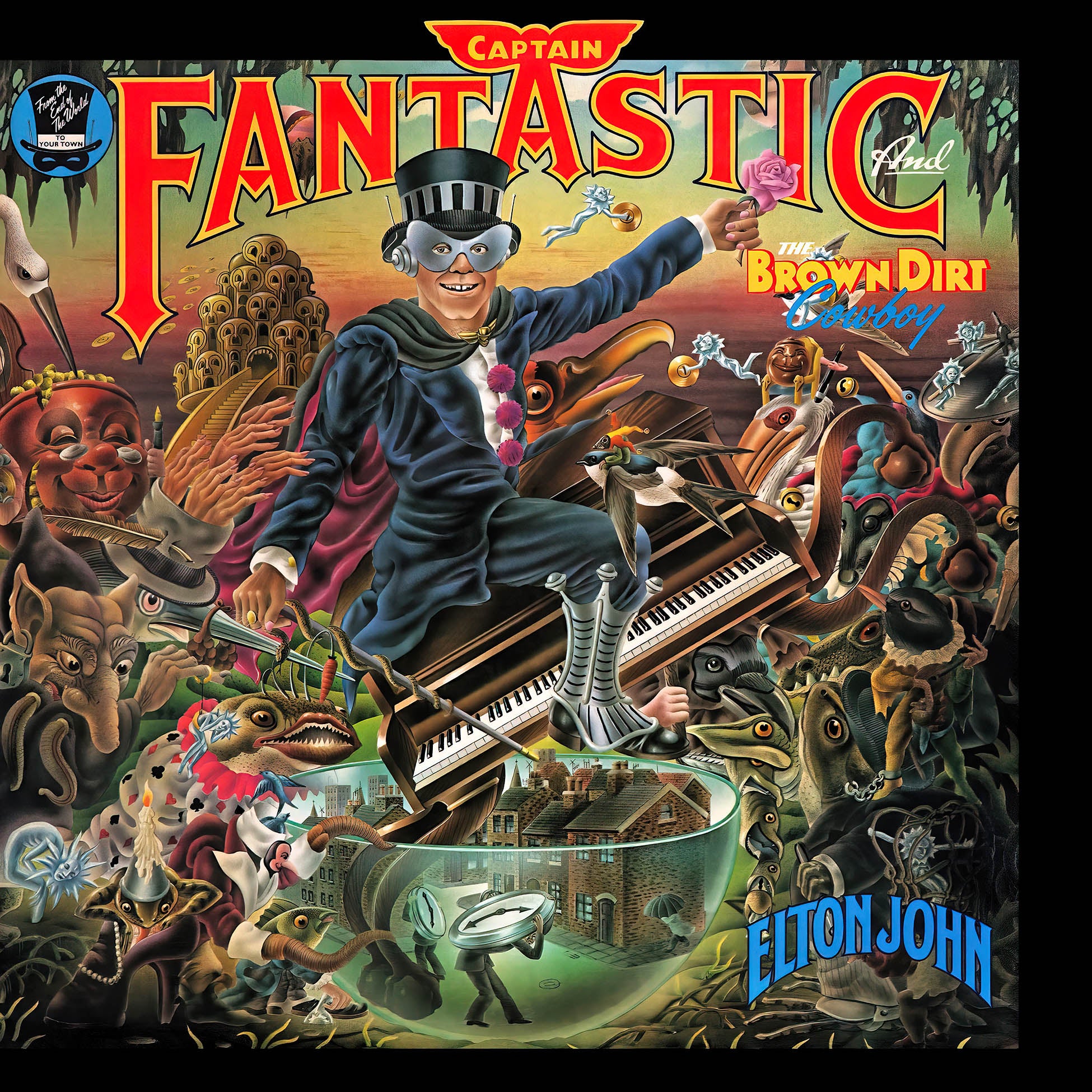 Elton John - Captain Fantastic and the Brown Dirt Cowboy album cover, 50th anniversary deluxe edition, raspberry swirl vinyl with foil detailing