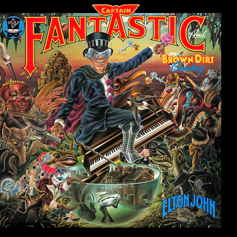 Elton John - Captain Fantastic and the Brown Dirt Cowboy album cover, 50th anniversary deluxe edition, raspberry swirl vinyl with foil detailing