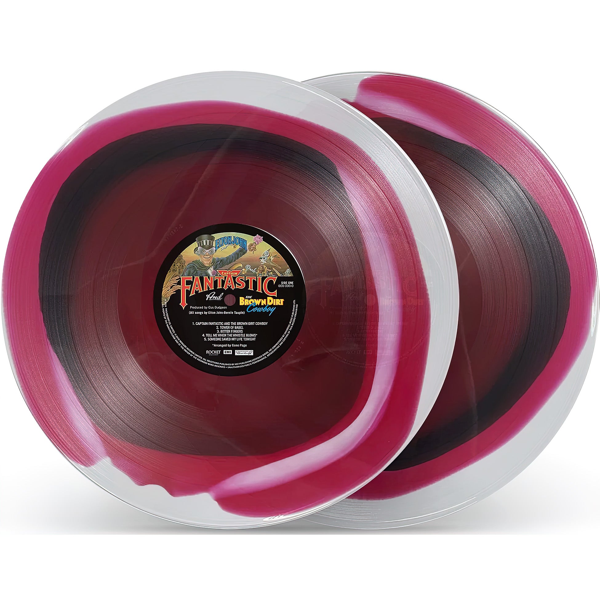 Elton John - Captain Fantastic 50th anniversary deluxe edition, 2LP raspberry swirl color-in-color vinyl LPs,  available at ToucanRecords.com