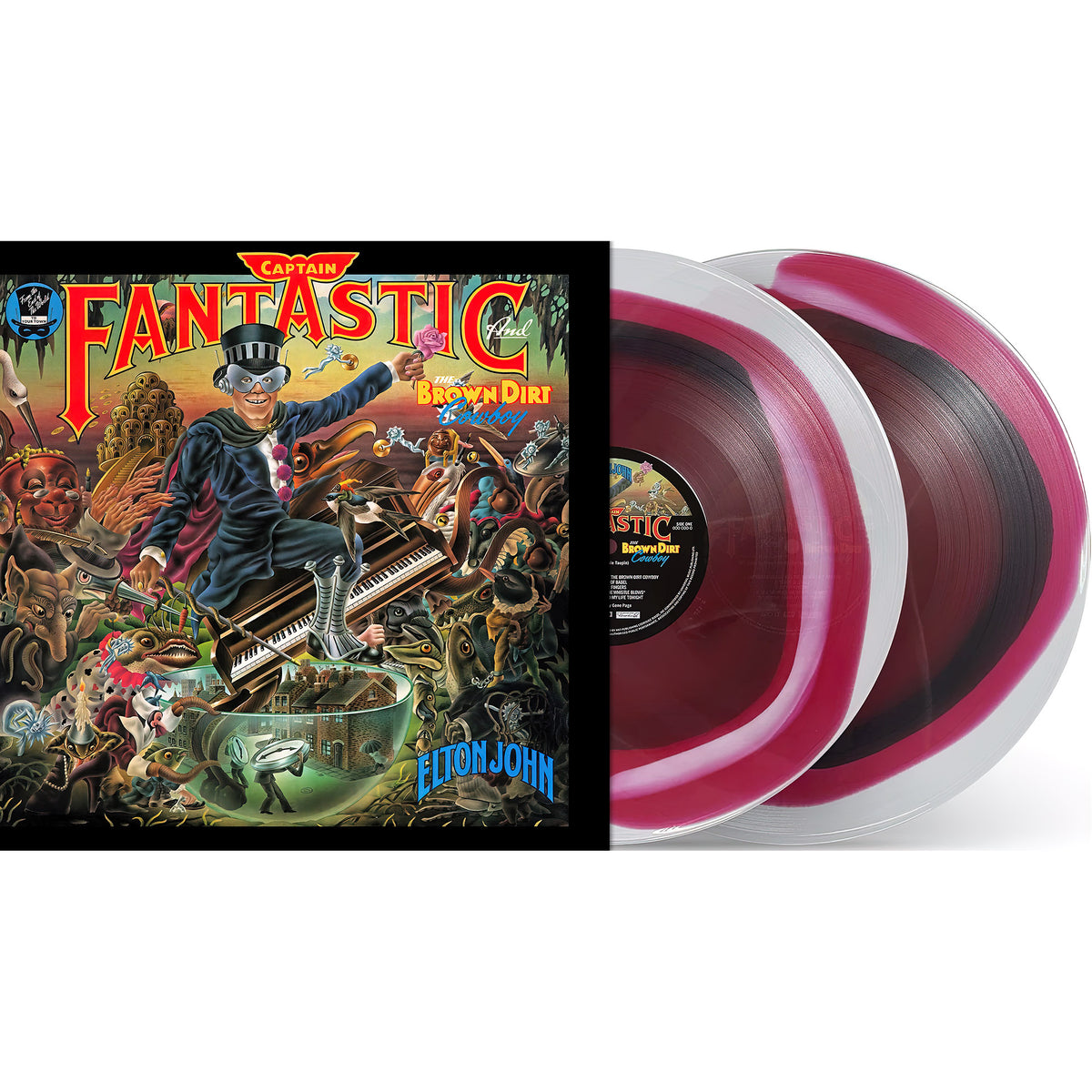 Elton John - Captain Fantastic and the Brown Dirt Cowboy packshot, raspberry swirl colour-in-colour vinyl pressing, deluxe 50th anniversary edition from ToucanRecords.com