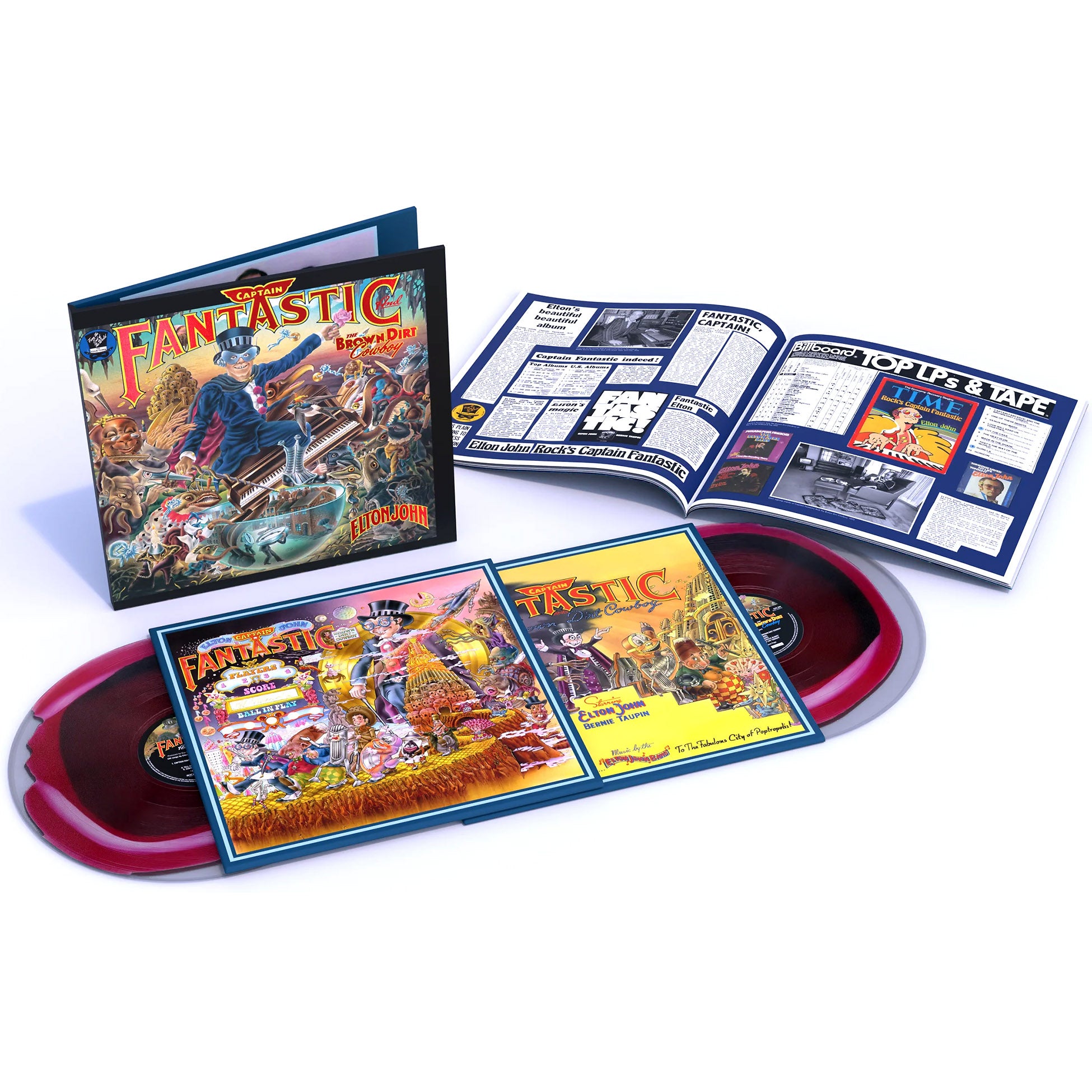 Elton John - Captain Fantastic vinyl packshot, 2LP deluxe edition with unreleased demos, 1975 piano rock deluxe reissue with 28 page booklet