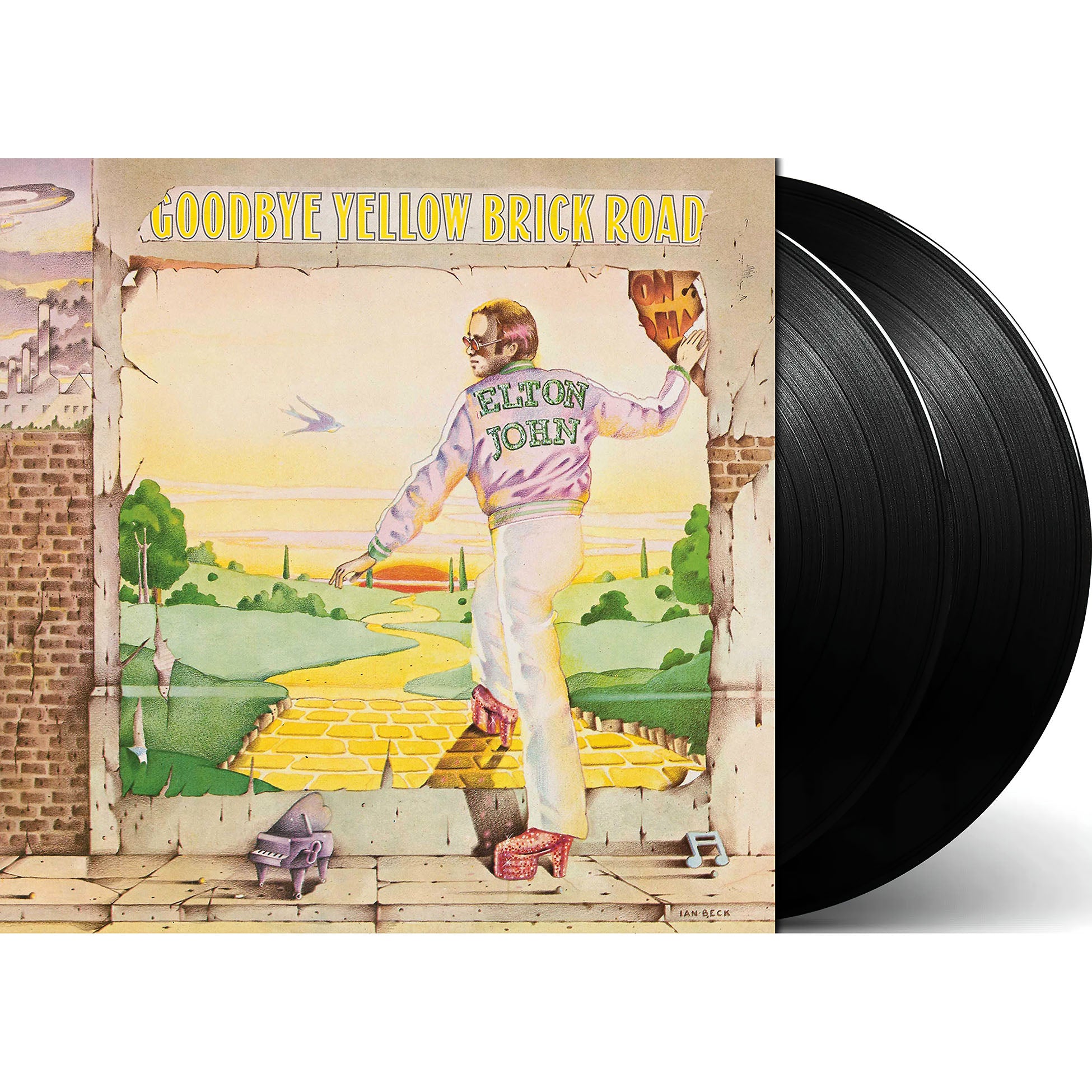 Elton John Goodbye Yellow Brick Road packshot for a 2LP vinyl record featuring "Candle in the Wind" and "Goodbye Yellow Brick Road" – found at ToucanRecords.com