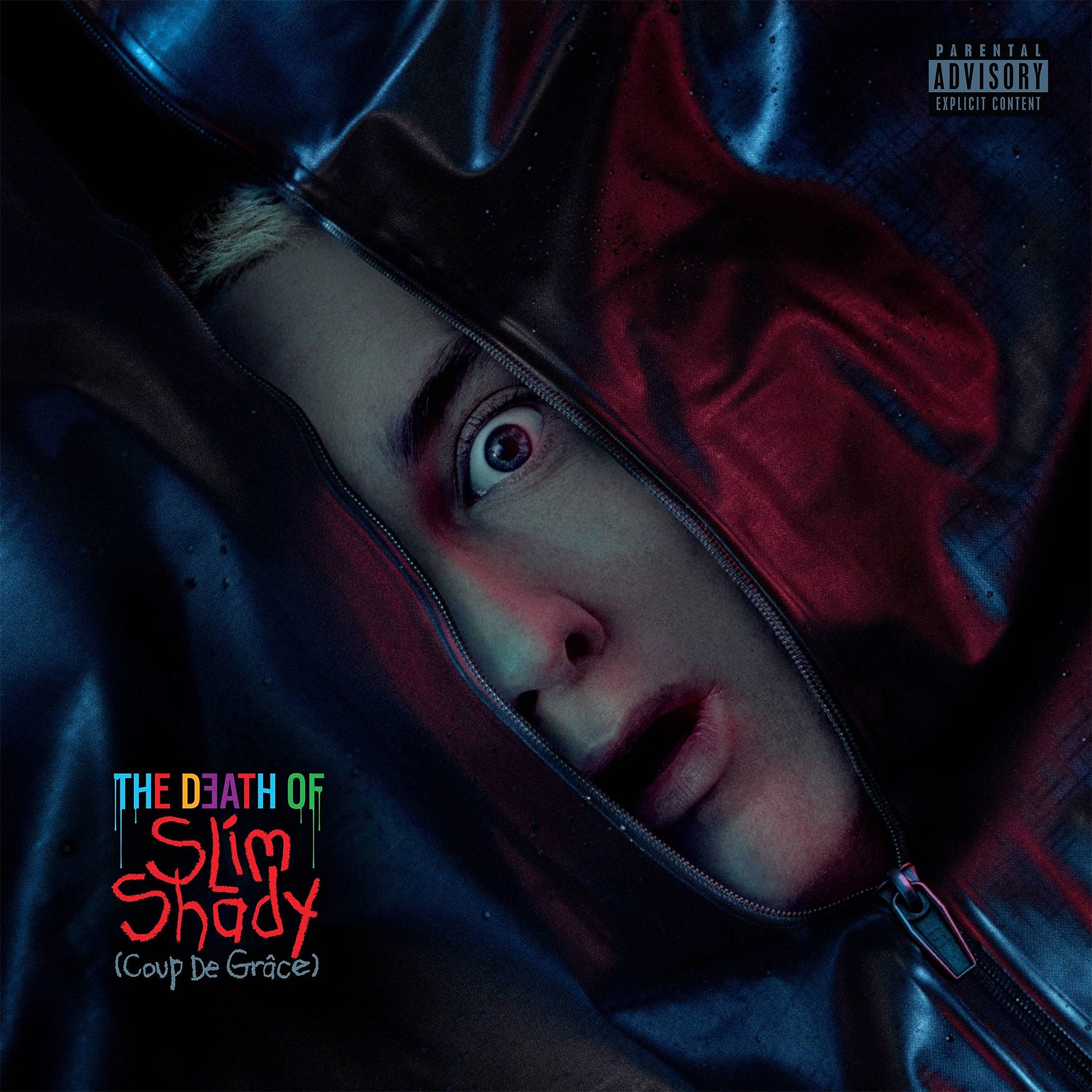 Eminem - The Death Of Slim Shady album cover, 2 LP red and blue vinyl housed in a gatefold jacket