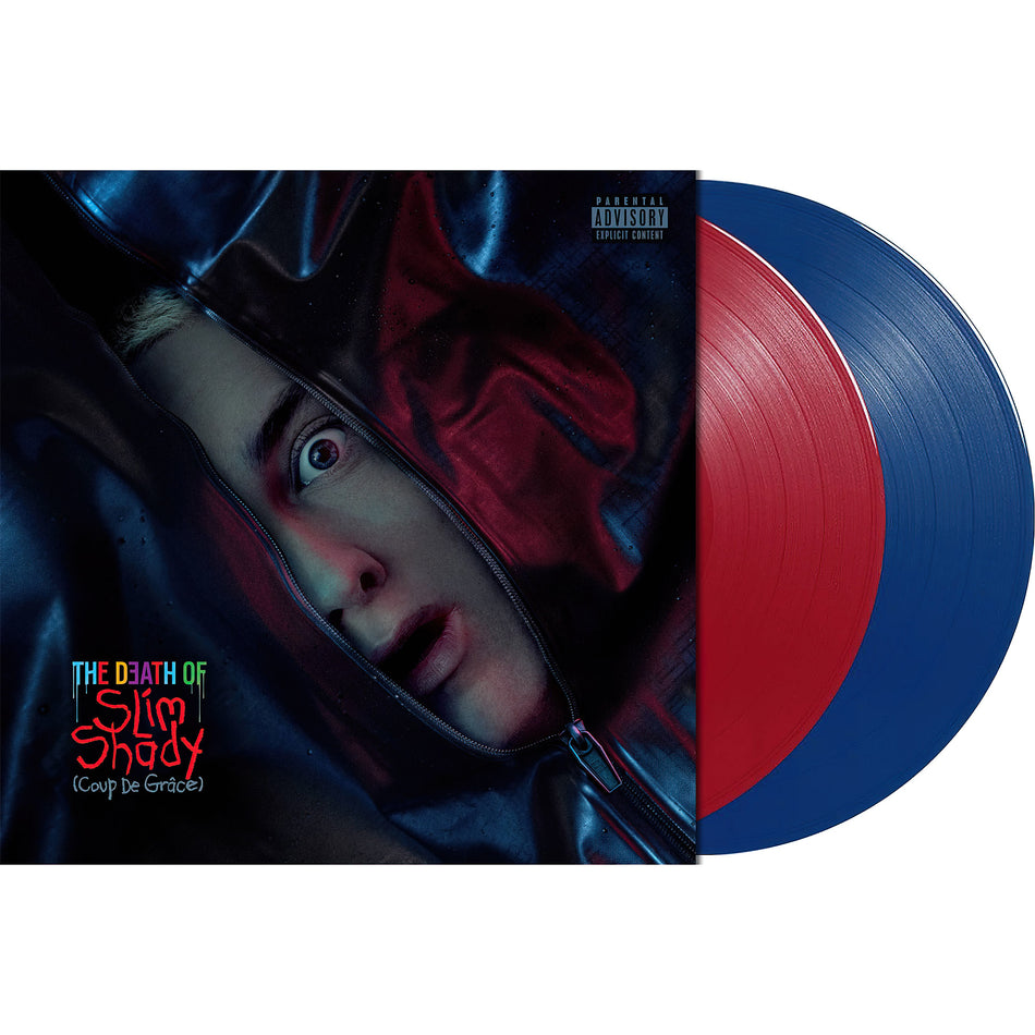 eminem, death of slim shady, coup de grace, body bag, packshot, album cover, album art, cover, cover art, vinyl, colored vinyl, blue vinyl, red vinyl,