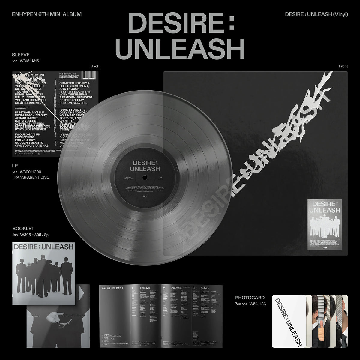 ENHYPEN - Desire : Unleash clear vinyl packshot, 6th mini album EP with photocards, Billboard chart-topping K-pop