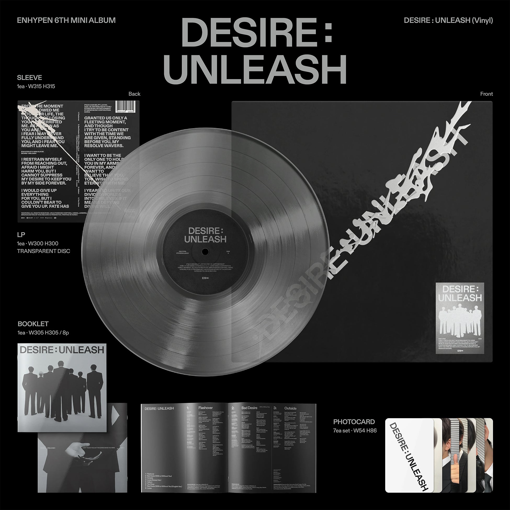 ENHYPEN - Desire : Unleash clear vinyl packshot, 6th mini album EP with photocards, Billboard chart-topping K-pop