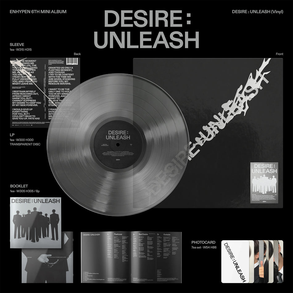 ENHYPEN - Desire : Unleash clear vinyl packshot, 6th mini album EP with photocards, Billboard chart-topping K-pop