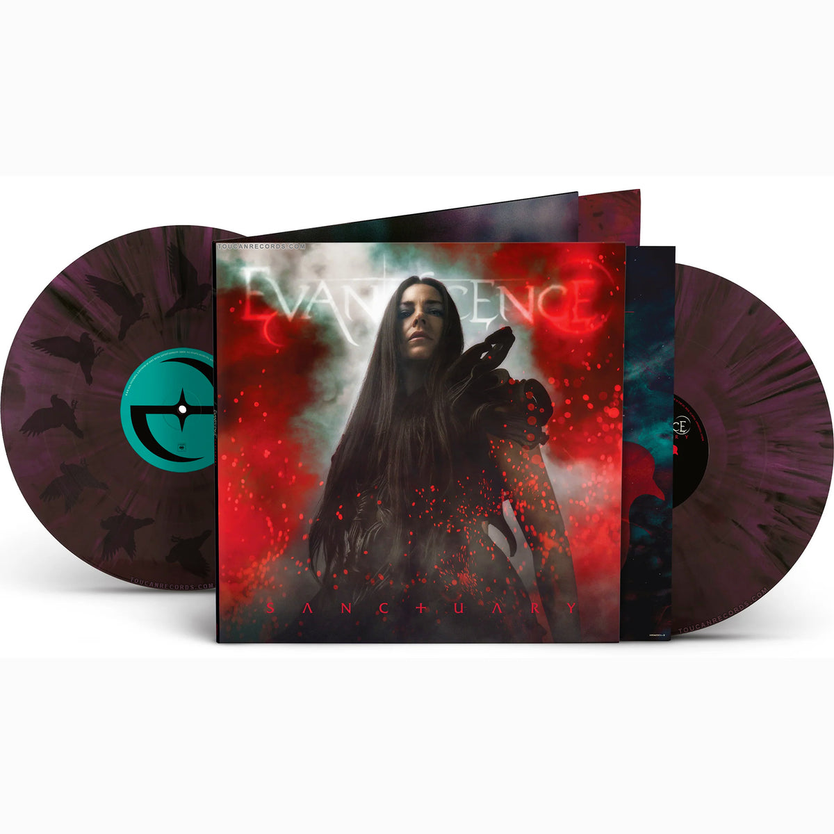 Evanescence Sanctuary packshot with Deep Purple & Black Marbled 2LP vinyl LP, gatefold and Side D etching at ToucanRecords.com