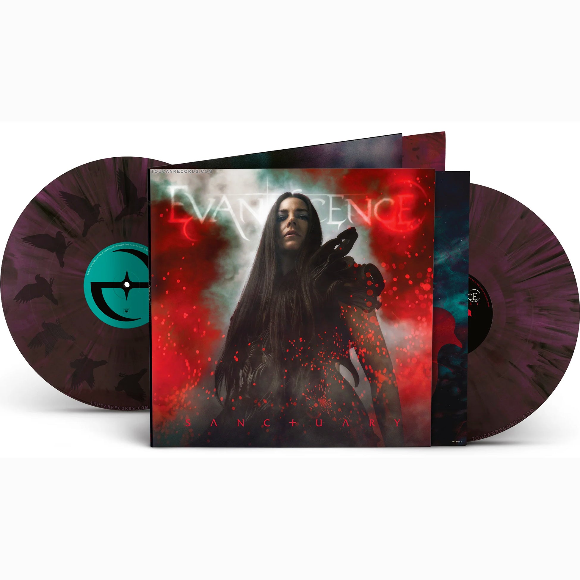 Evanescence Sanctuary packshot with Deep Purple & Black Marbled 2LP vinyl LP, gatefold and Side D etching at ToucanRecords.com
