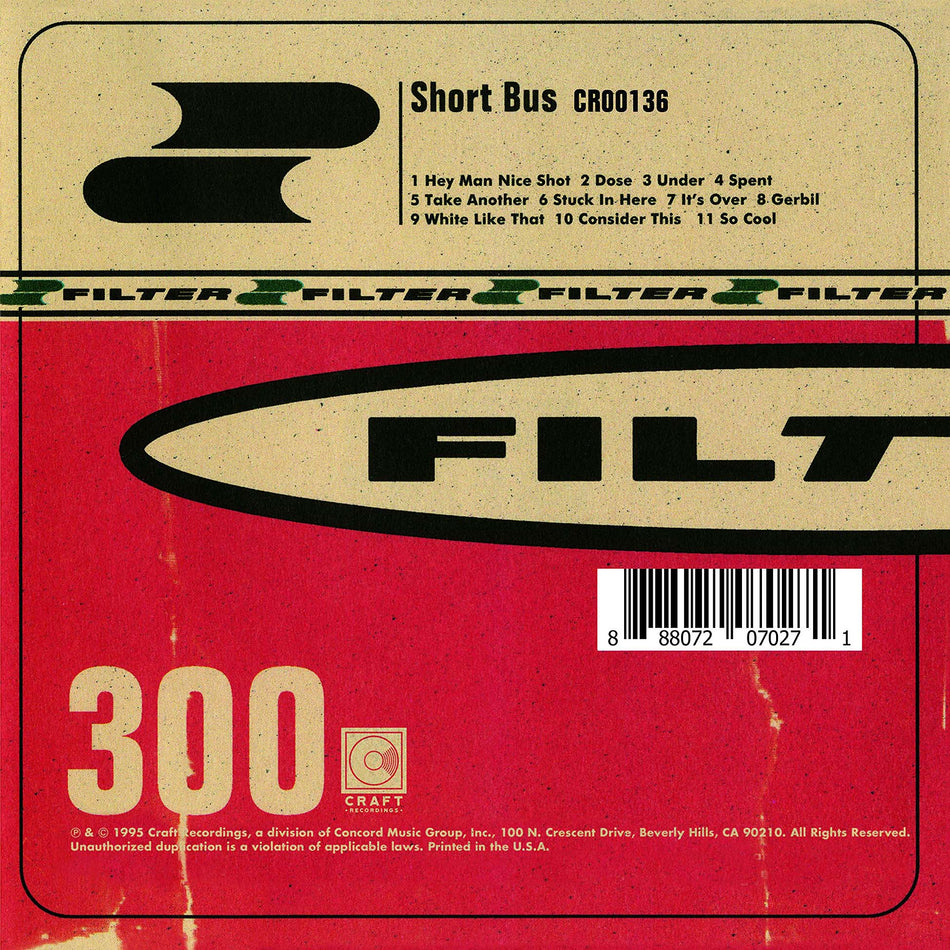 Filter – Short Bus 1995 debut album cover, black vinyl LP reissue available now at ToucanRecords.com. Includes the hit “Hey Man Nice Shot.”