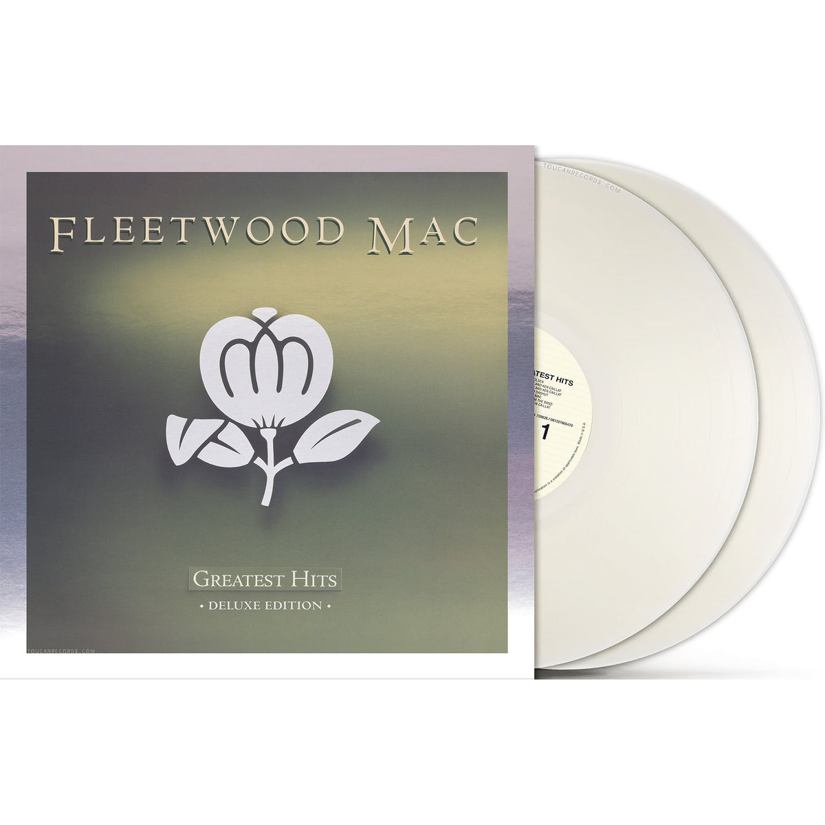 Fleetwood Mac Greatest Hits packshot for the deluxe edition, indie exclusive, limited 2LP translucent white vinyl at ToucanRecords.com