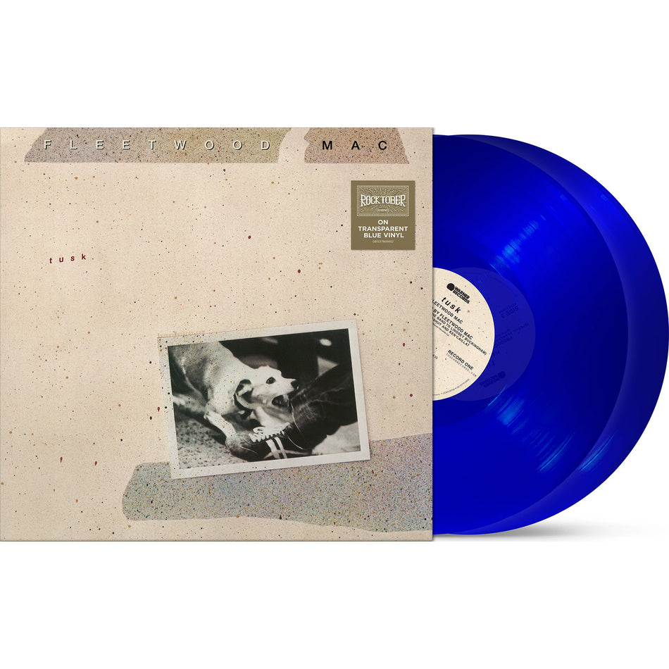Fleetwood Mac - Tusk iconic dog cover artwork, packshot, limited edition blue vinyl pressing, pop rock art rock