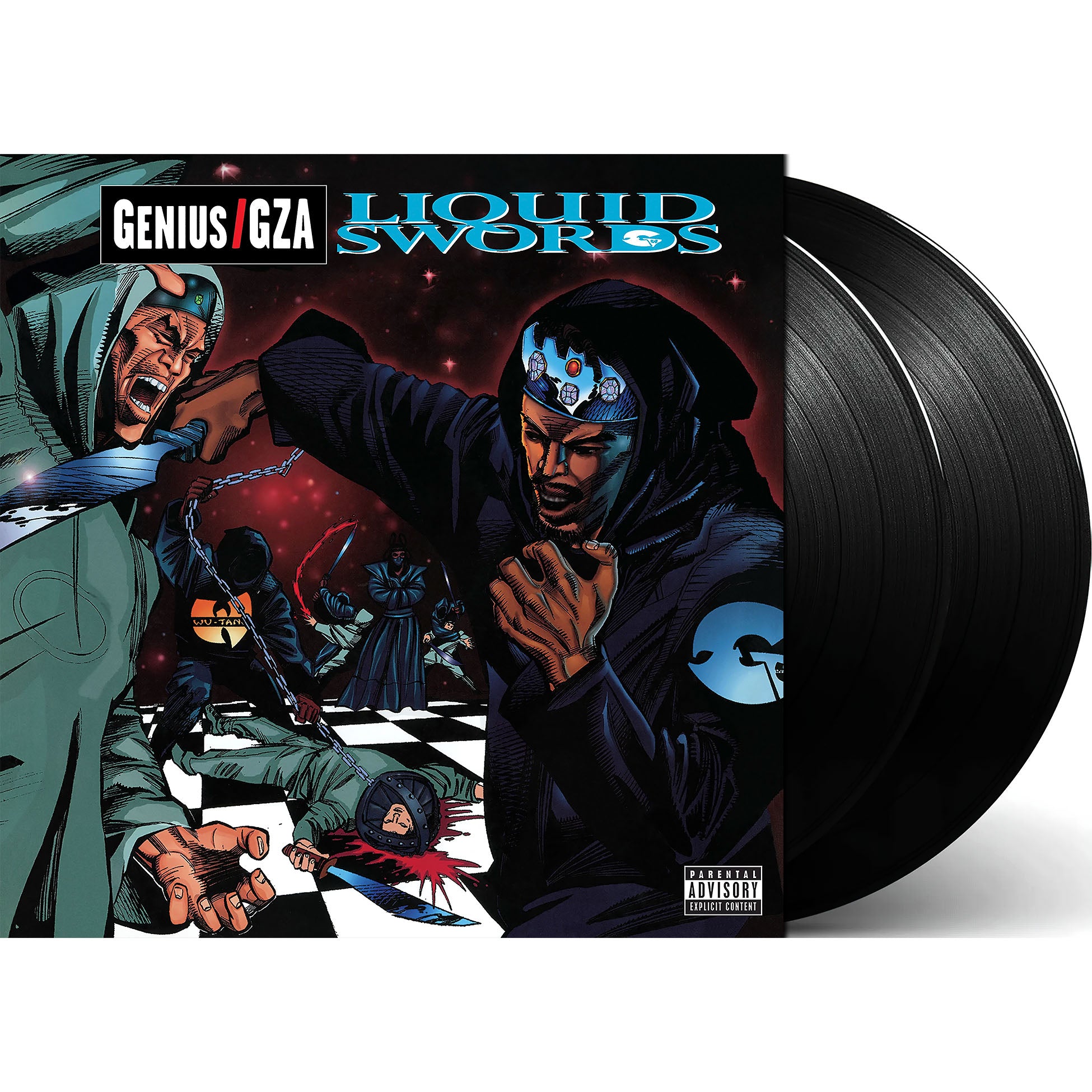 GZA - Liquid Swords packshot, 20th anniversary black vinyl 2LP, Wu-Tang Clan solo project 


