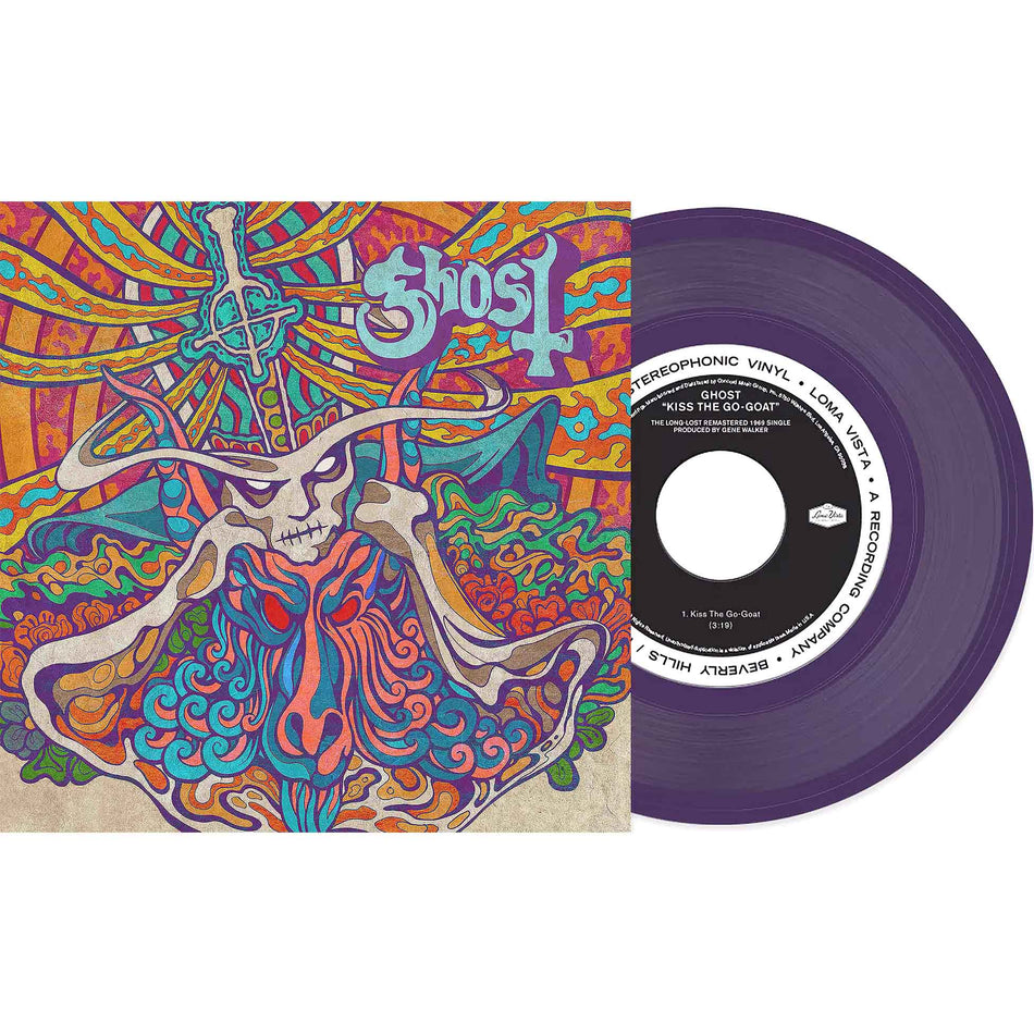 Ghost, Seven Inches Of Satanic Panic, 7 Inch Single, Purple Vinyl, picture sleeve, cover, vinyl, 45 rpm, kiss the go-goat, mary on a cross,
