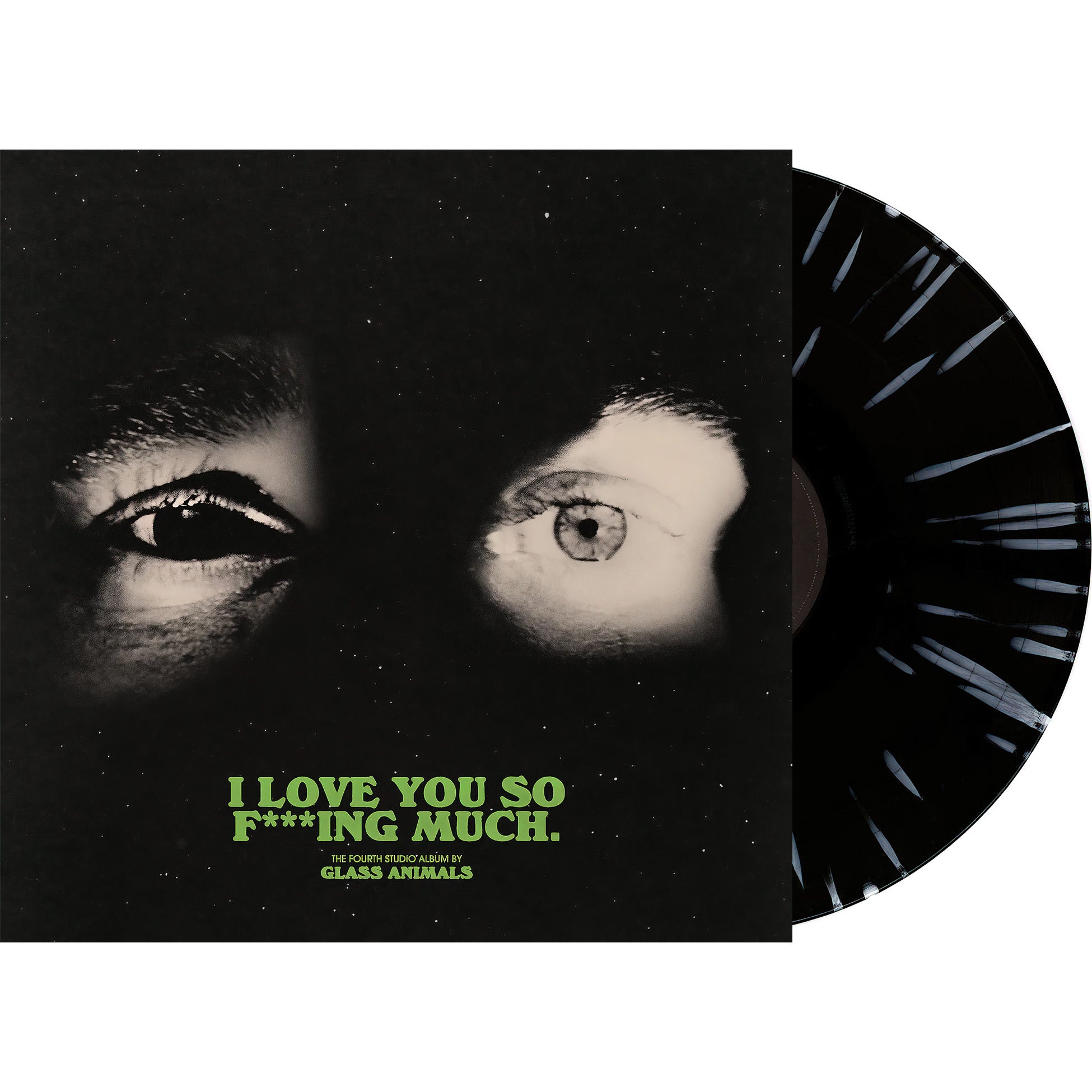Glass Animals I Love You So F***ing Much black and white splatter vinyl LP packshot with printed inner sleeve and booklet.