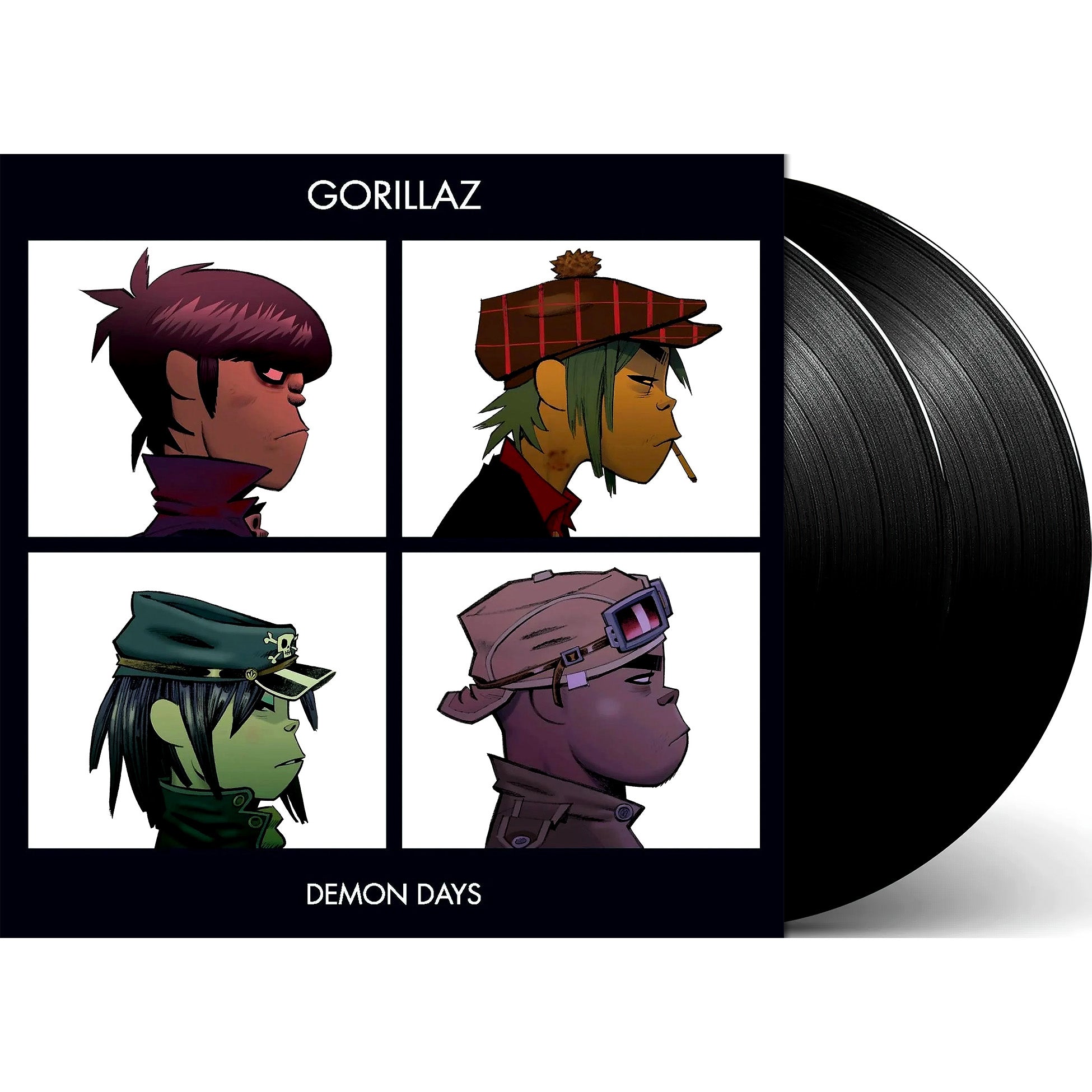 Gorillaz Demon Days vinyl packshot, black 2LP gatefold with printed inner sleeves, trip-hop essential