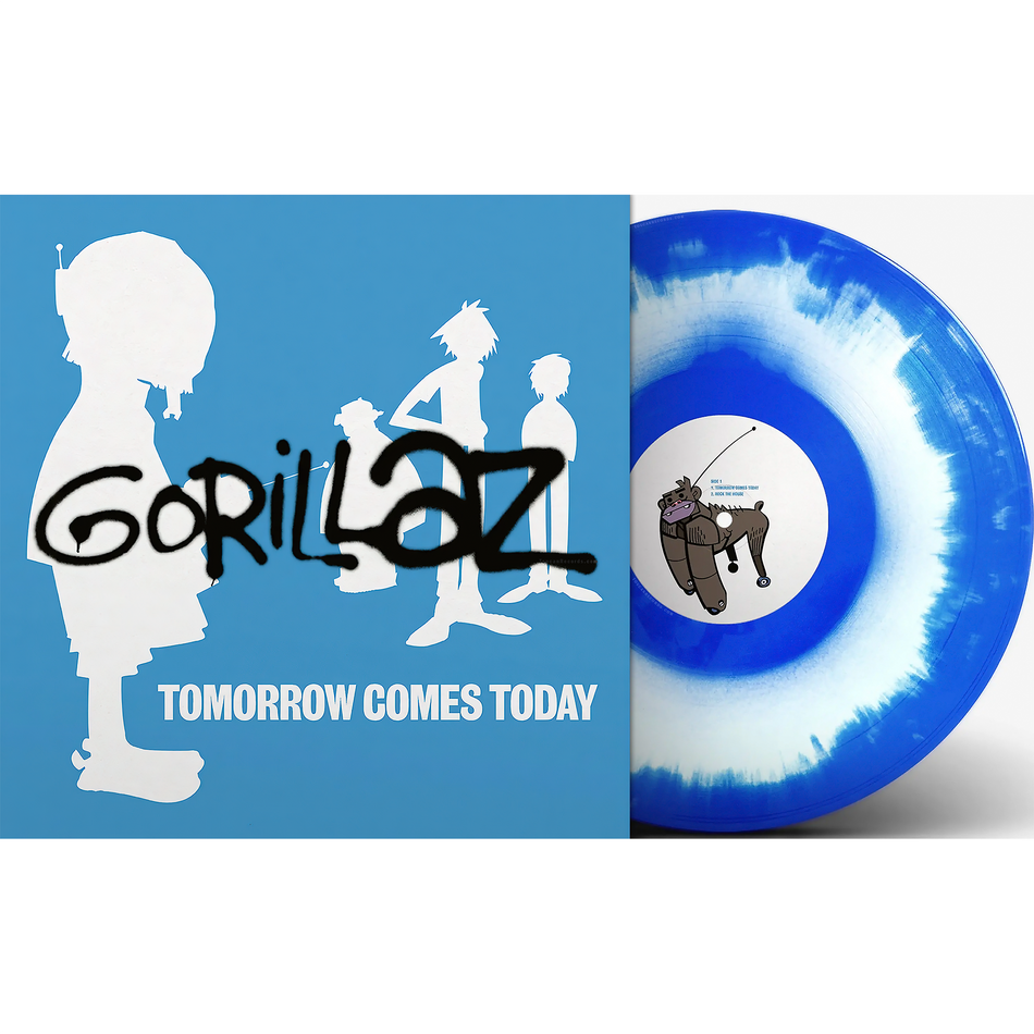 Gorillaz - Tomorrow Comes Today packshot, blue and white colored vinyl EP, trip-hop debut available at ToucanRecords.com
