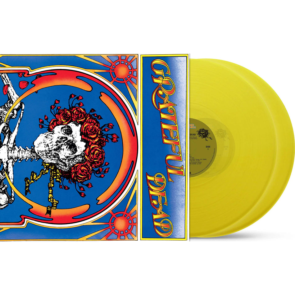Grateful Dead Skull & Roses packshot at ToucanRecords.com for the translucent yellow 50th Anniversary 2LP edition.