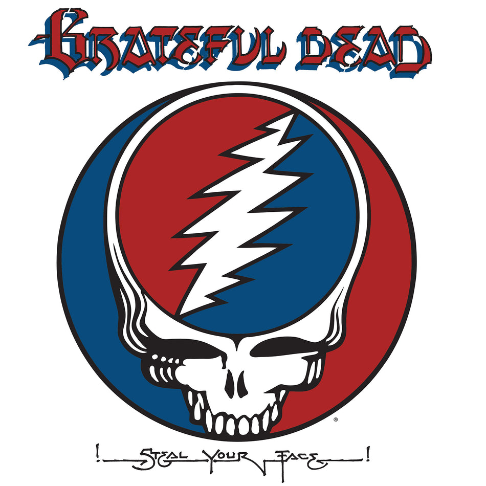 Grateful Dead Steal Your Face album cover art for the remastered gatefold 2LP vinyl Rhino Spirit of 76 edition from the 1974 Winterland shows. Limited Edition, Indie Exclusive, 50th Anniversary. Grateful Red & Stealie Blue Colored Vinyl Discs.