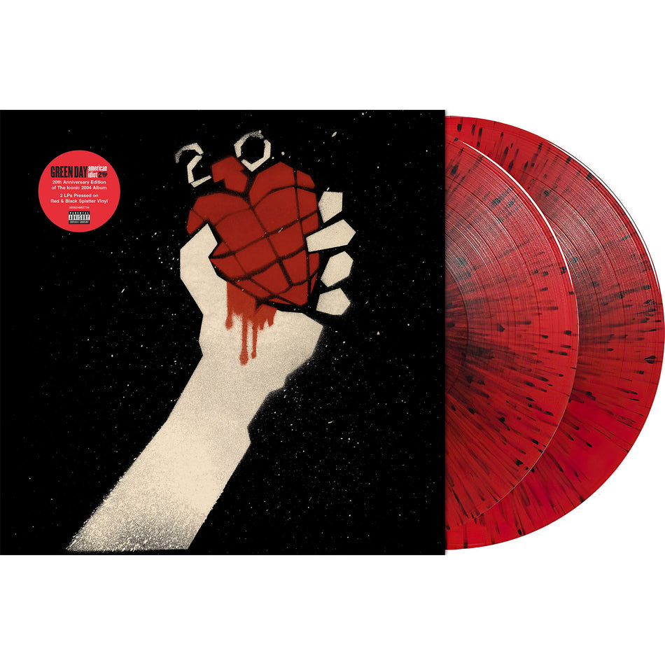 Green Day - American Idiot packshot, red/black splatter 2 LP pressing, punk rock reissue – available now at ToucanRecords.com