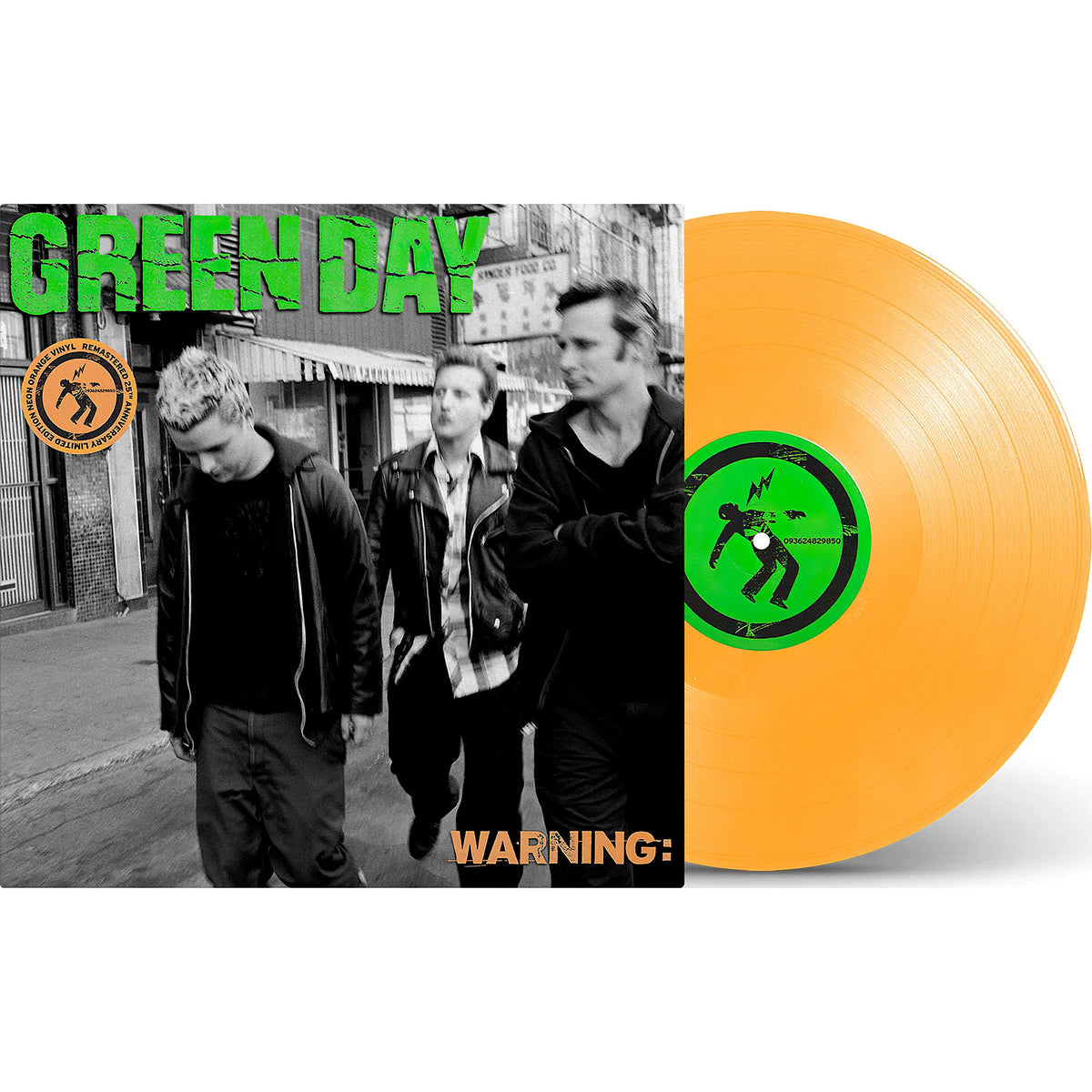 Green Day Warning 25th Anniversary orange vinyl LP packshot displaying orange record and jacket together