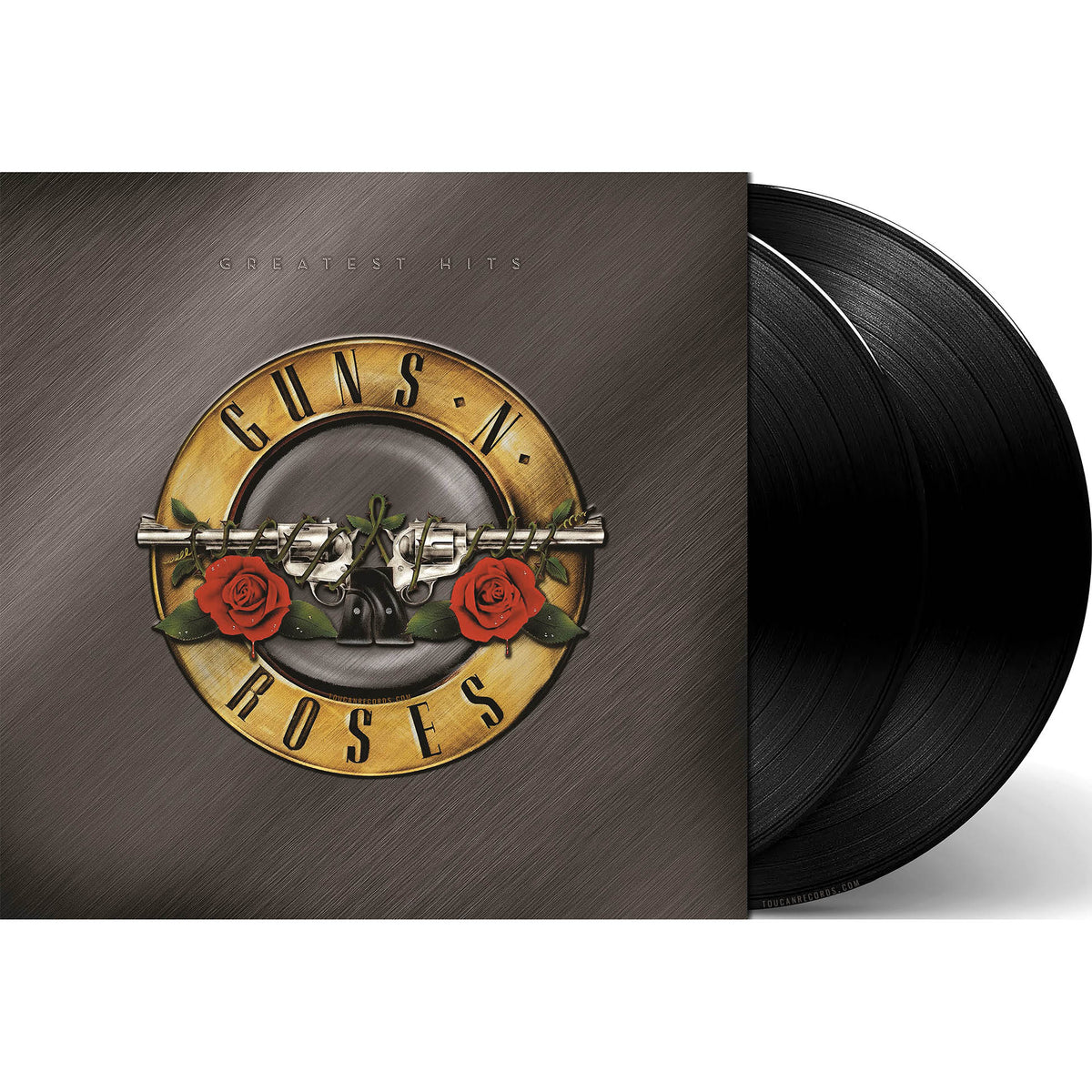 Guns N' Roses Greatest Hits album cover art for the 15-track 180g black vinyl 2LP including Shadow of Your Love