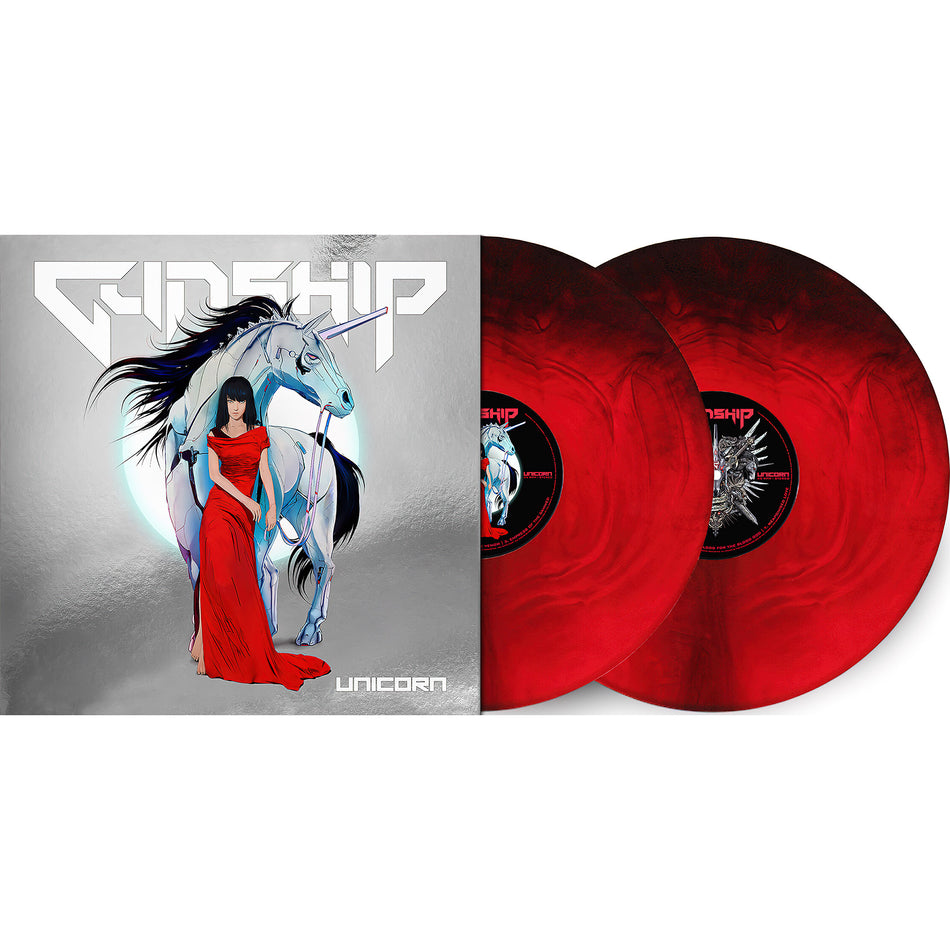 Gunship - Unicorn, packshot, Blood and Chrome 45 RPM pressing, synthwave, retro-futurist, cyberpunk – red & black marbled vinyl available now at ToucanRecords.com