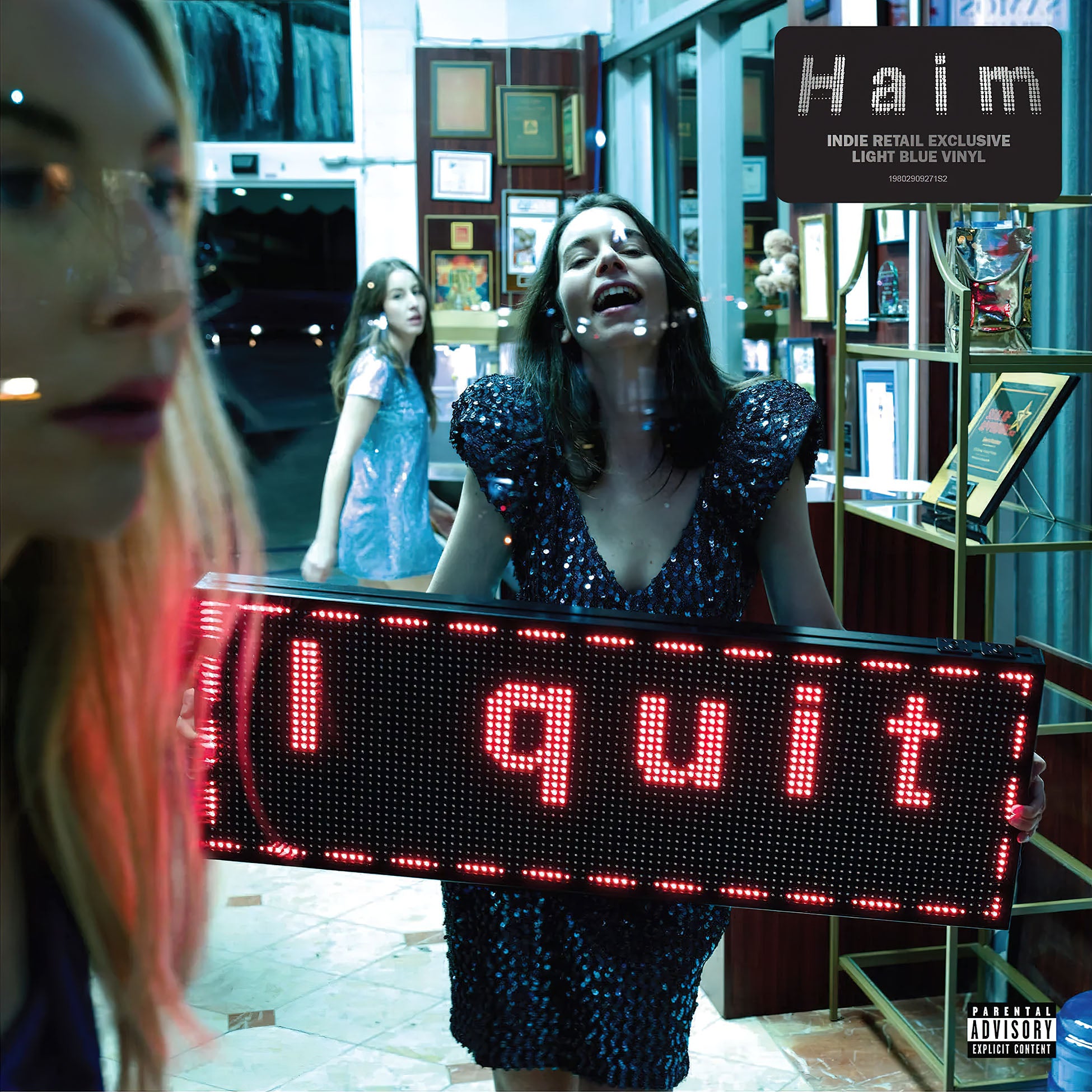 Haim - I Quit album cover, light blue colored vinyl edition, indie pop with three-part harmonies